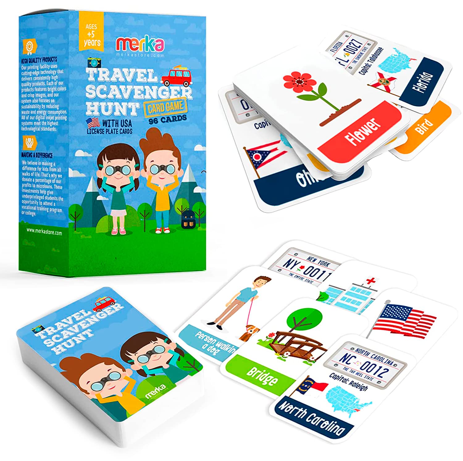 Merka Kids Travel Activity Set - 96 Fun Road Trip Flashcards for License Plate Game & Scavenger Hunt | Perfect for Family Car Rides, Vacation Entertainment & Long Distance Travel with Children