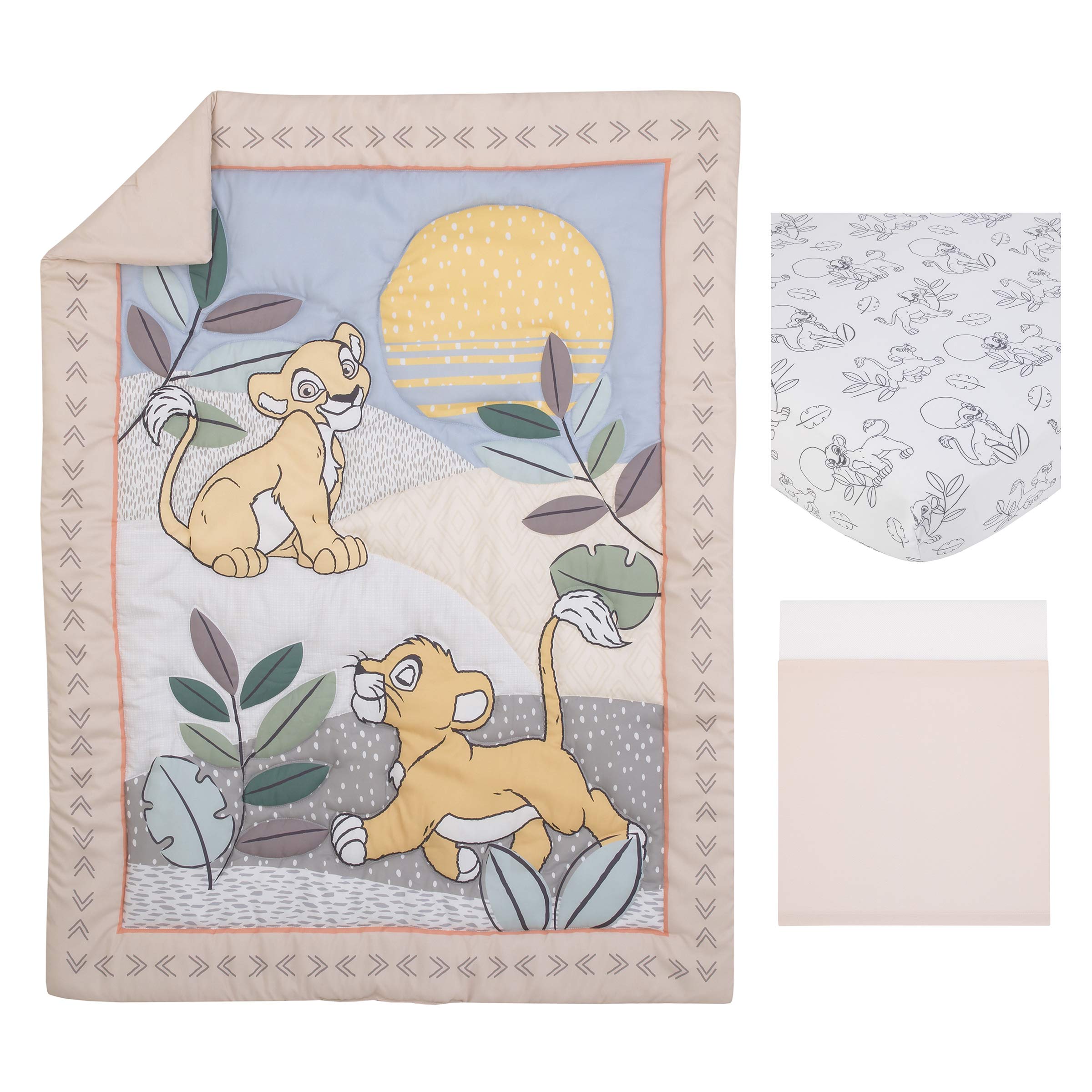 Disney The Lion King 3-Piece Nursery Crib Bedding Set - Comforter, Fitted Sheet & Skirt in Grey, Sage, Ivory & Yellow | Baby Boy/Girl Nursery Decor | Perfect for Themed Rooms & Gift Giving (7512276P)