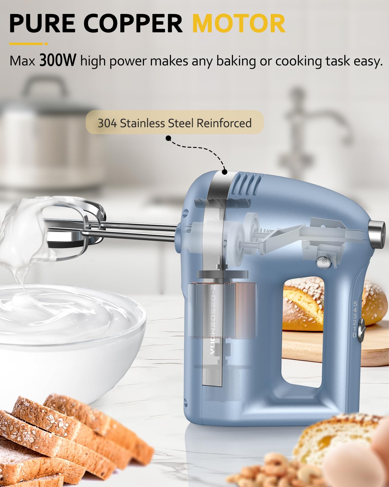 300W Electric Hand Mixer - Powerful Handheld Mixer with 304 Stainless Steel Beaters & Dough Hook - Turbo Function for Baking Cakes, Whipping Eggs & Cream - Perfect for Home Kitchen, Bakeries & Cooking Enthusiasts (Blue)