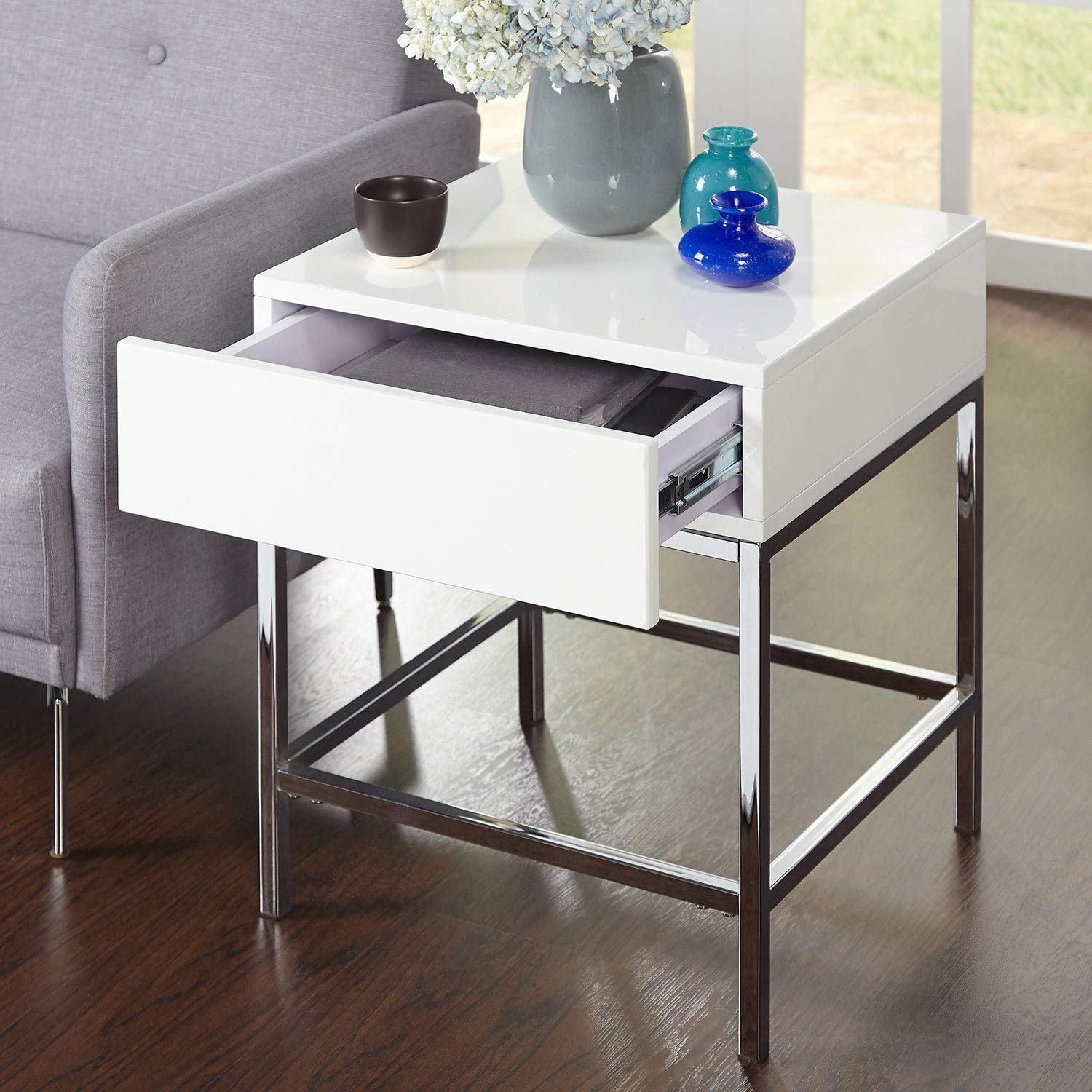 Modern White High-Gloss Metal End Table with Square MDF Drawers - Contemporary Nightstand for Living Room, Bedroom & Office Storage Solution