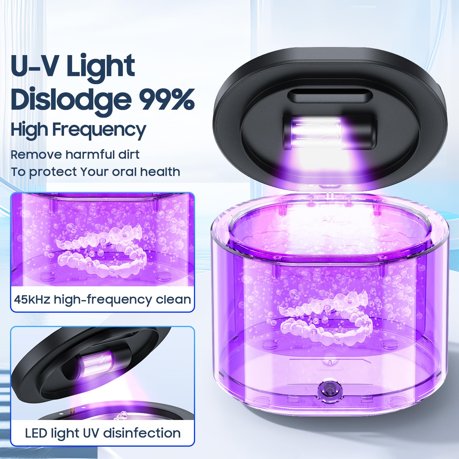 Portable Ultrasonic Retainer Cleaner - 45kHz Dental Appliance Cleaner for Dentures, Mouth Guards & Aligners | Fast & Gentle Cleaning for Oral Care at Home or Travel