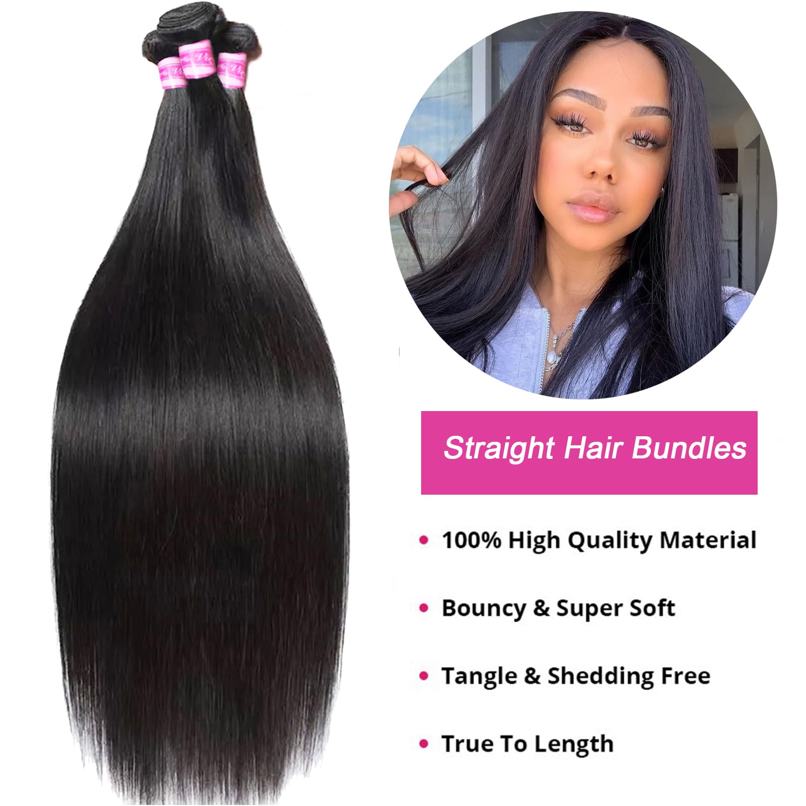 3 Bundles 100% Unprocessed Brazilian Virgin Hair Extensions - 26/28/30 Inch Straight Raw Human Hair Weft Bundles for Women | Natural Black Color | Perfect for Daily Styling, Weaves & Protective Hairstyles