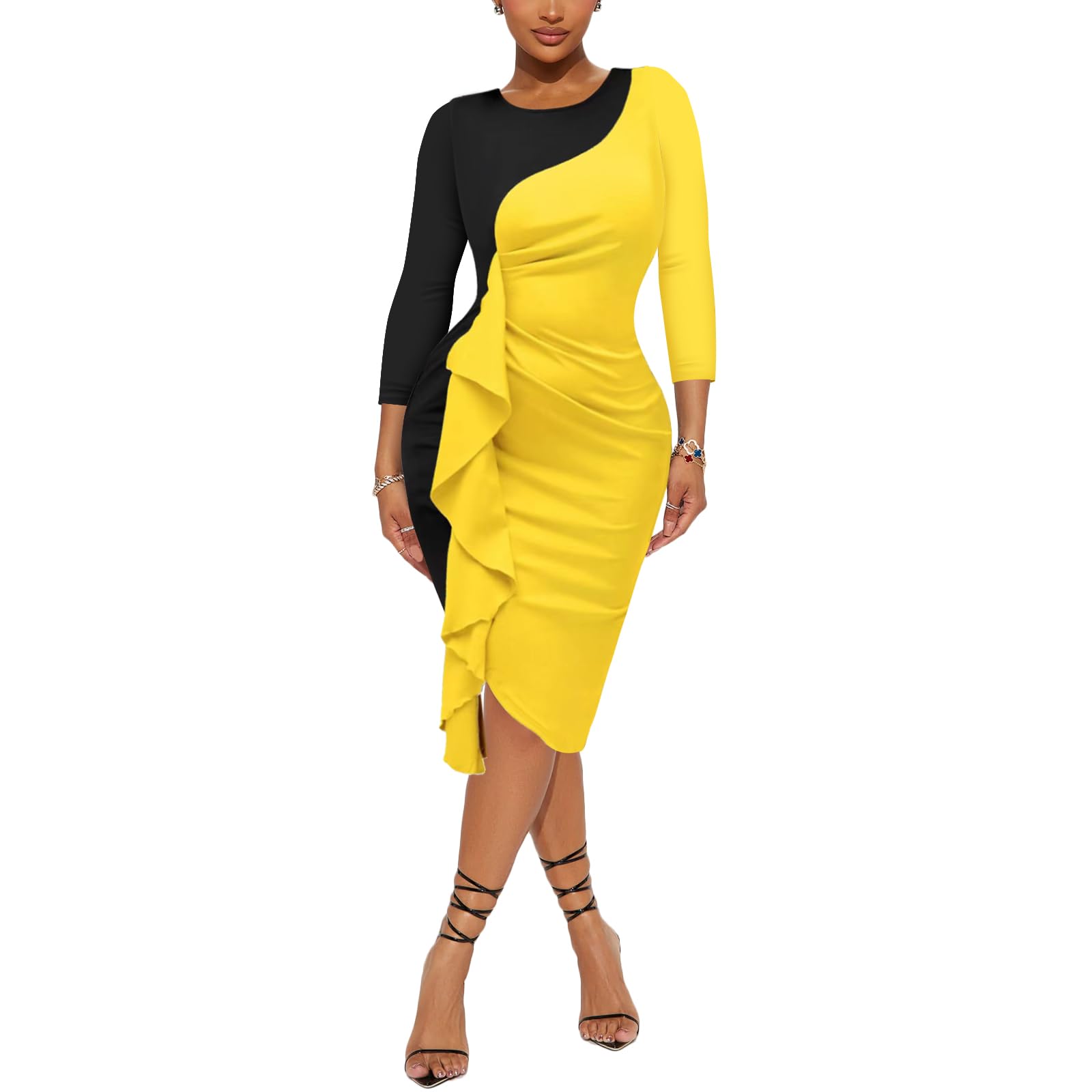 Women's Long Sleeve Crew Neck Colorblock Sheath Bodycon Midi Dress with Ruffle Detail - Office Wear, Work Dress, Business Casual Outfit for Professional Women