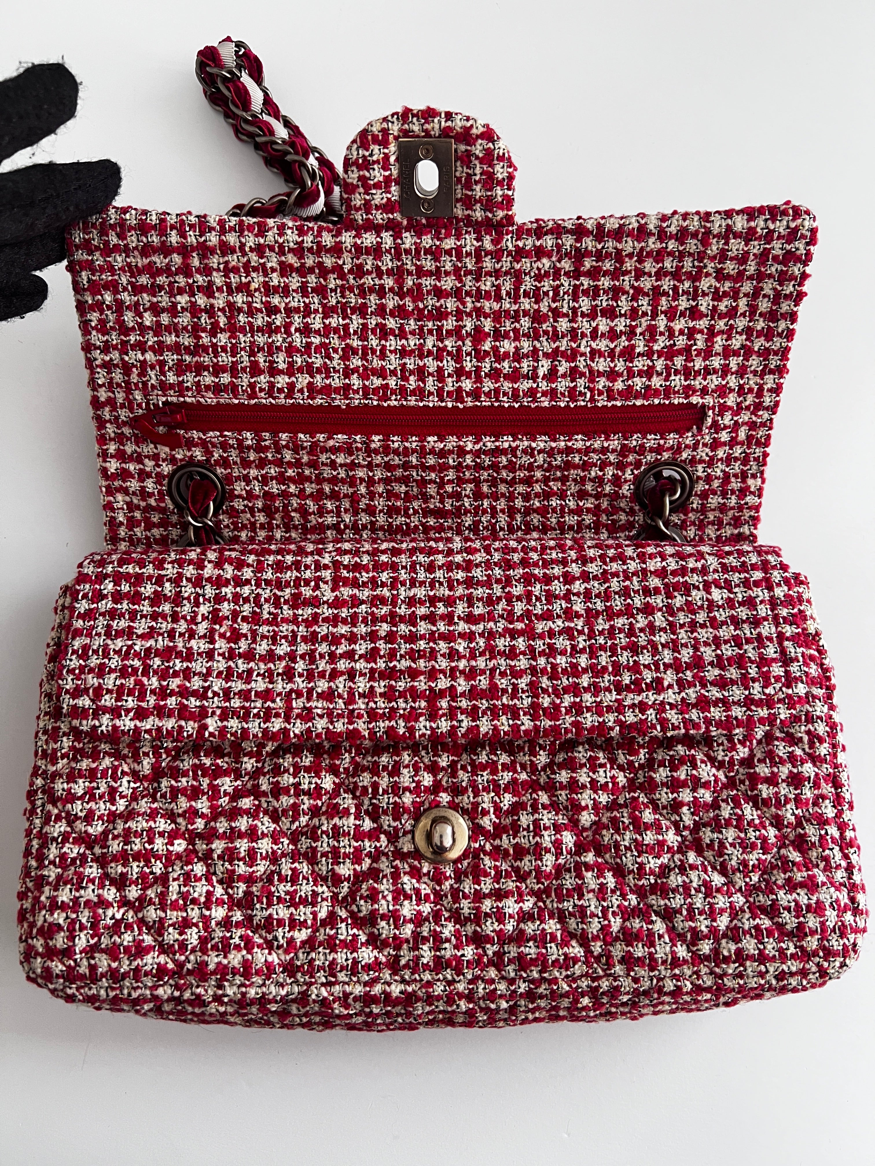 Chanel Red Velvet Chain Double Flap Tweed Bag - Luxury Designer Handbag for Women, Perfect for Parties, Weddings & Special Occasions