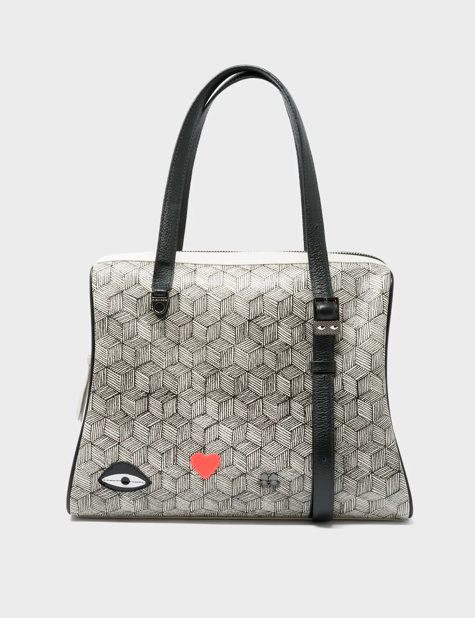 Esther Cream and Black Satchel Handbag with Cubes Design - Stylish Crossbody Purse for Women, Perfect for Work, Travel and Everyday Use