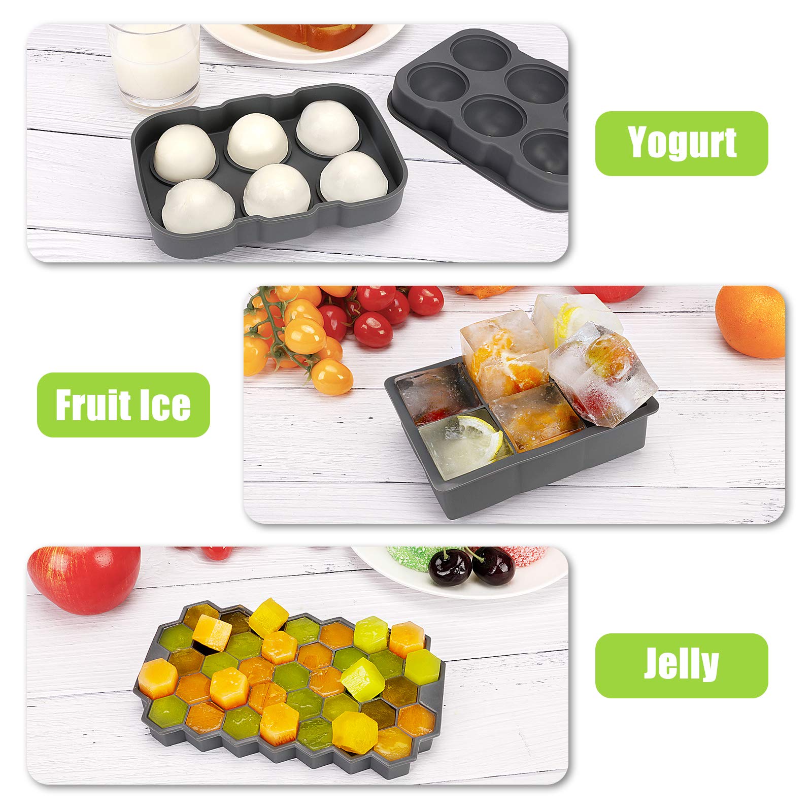 3 Pack Silicone Ice Cube Trays with Lids - Large Round, Sphere & Honeycomb Whiskey Ice Molds - Reusable Freezer Ice Ball Maker for Cocktails, Bourbon & Scotch - Perfect for Home Bars & Entertaining