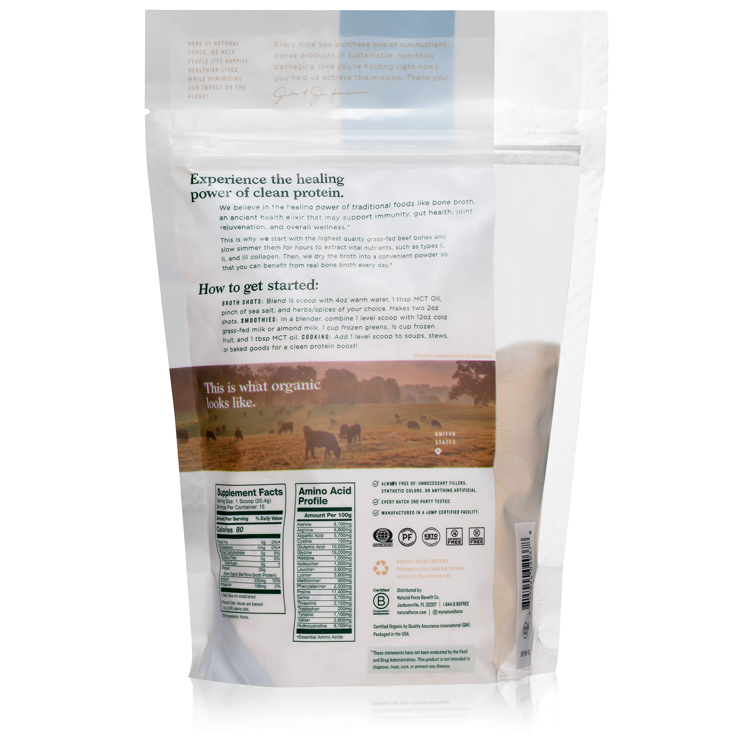 Pure Organic Bone Broth Protein Powder - Grass-Fed, Keto Certified with Types I, II & III Collagen | Unflavored Supplement for Soups, Cooking & Healthy Lifestyle | 10.8 oz