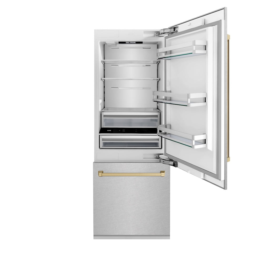 ZLINE Autograph Edition 30-Inch Built-In Bottom Freezer Refrigerator - 16.1 cu. ft. Capacity, Water Dispenser & Ice Maker - Satin Stainless Steel with Champagne Bronze Accents (RBIVZ SN 30 CB) - Perfect for Modern Kitchens & Open-Concept Living Spaces
