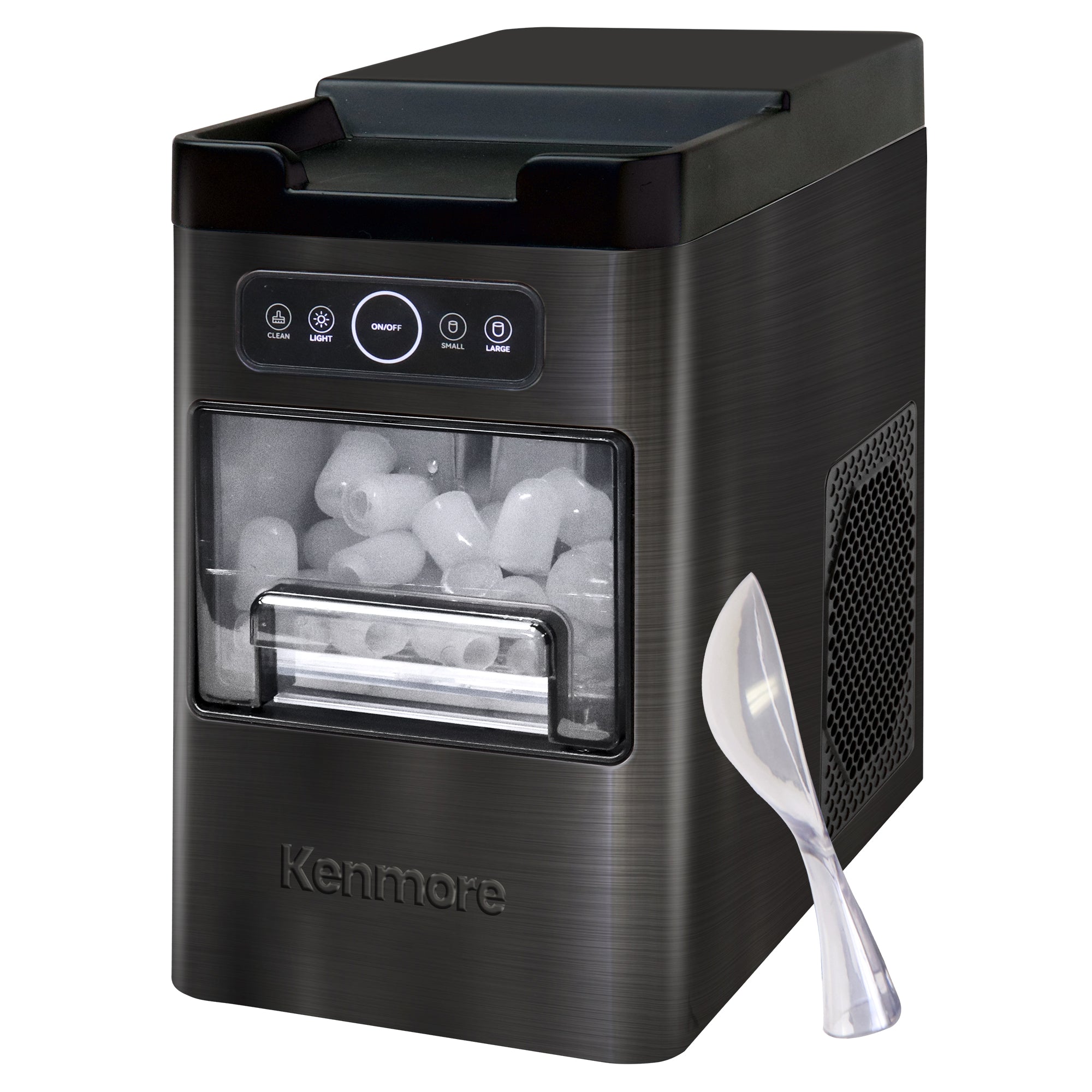 Kenmore Front Load Countertop Ice Maker - Compact Under Cabinet Design | 26lb/24hrs Fast Ice Production | 9 Cubes in 6 Minutes | Adjustable Large/Small Ice Pellets | One-Touch Self-Cleaning | Portable Stainless Steel Ice Machine for Home, Office, or RV Use