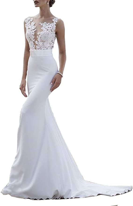 Elegant Lace Applique Mermaid Wedding Dress with Sweep Train - Long Bridal Gown for Women | Perfect for Beach, Church, and Formal Wedding Ceremonies