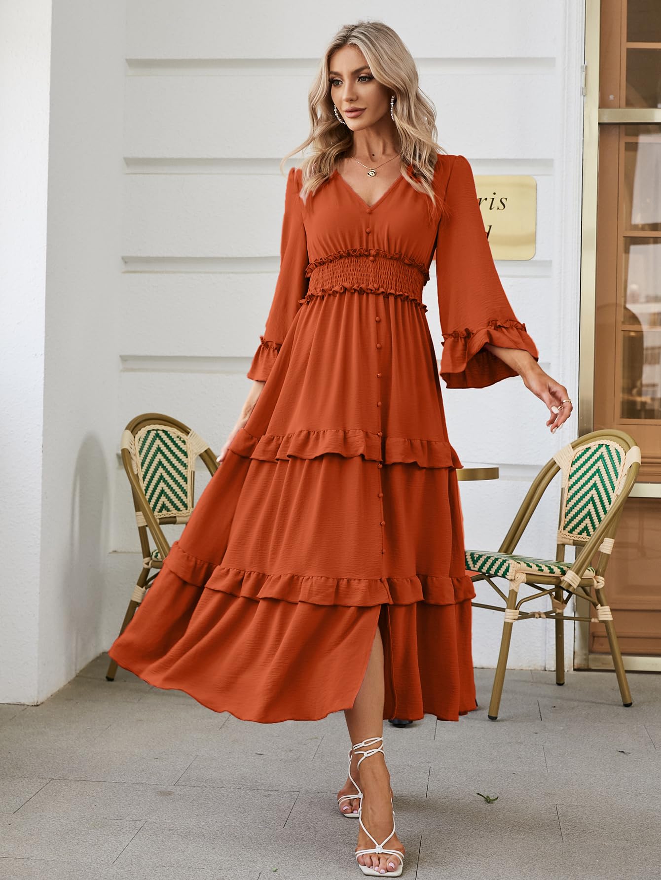 Amegoya Women's V Neck Long Sleeve Boho Maxi Dress - Flowy Summer Wedding Guest Dress for Engagement, Party & Beach Vacation - Elegant Midi Dress for Women