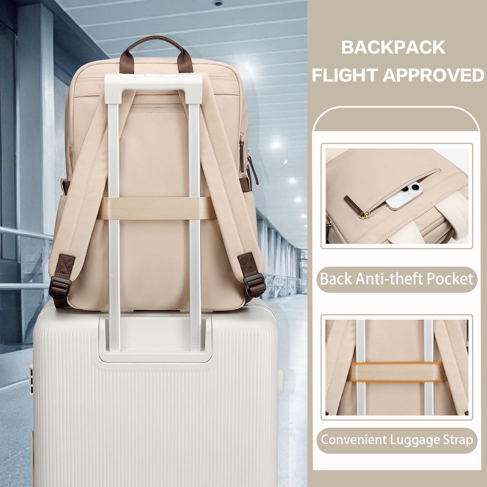 **Waterproof 15.6 Inch Laptop Backpack for Women - Lightweight Business Travel Bag, Durable Work Backpack for Teachers, Nurses & Professionals (Apricot) - Perfect for Office, Commuting & Daily Use**