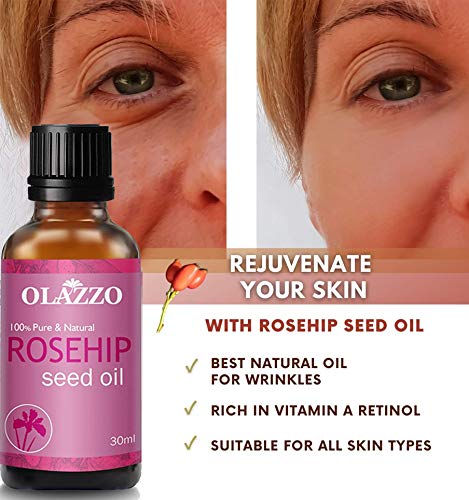 OLAZZO Organic Rosehip Face Oil for Glowing Skin - Reduces Wrinkles & Fine Lines, Dark Circles Treatment, Promotes Hair Growth for Curly Hair (30ml) | Perfect for Night Routine, Dry Skin Care & Natural Hair Hydration