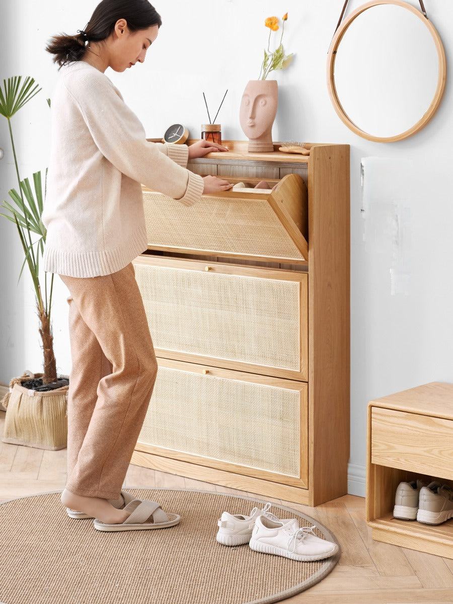 Oak Solid Wood Ultra Thin Flap Door Rattan Shoe Cabinet - Space Saving Entryway Storage Organizer for Hallway, Closet & Mudroom