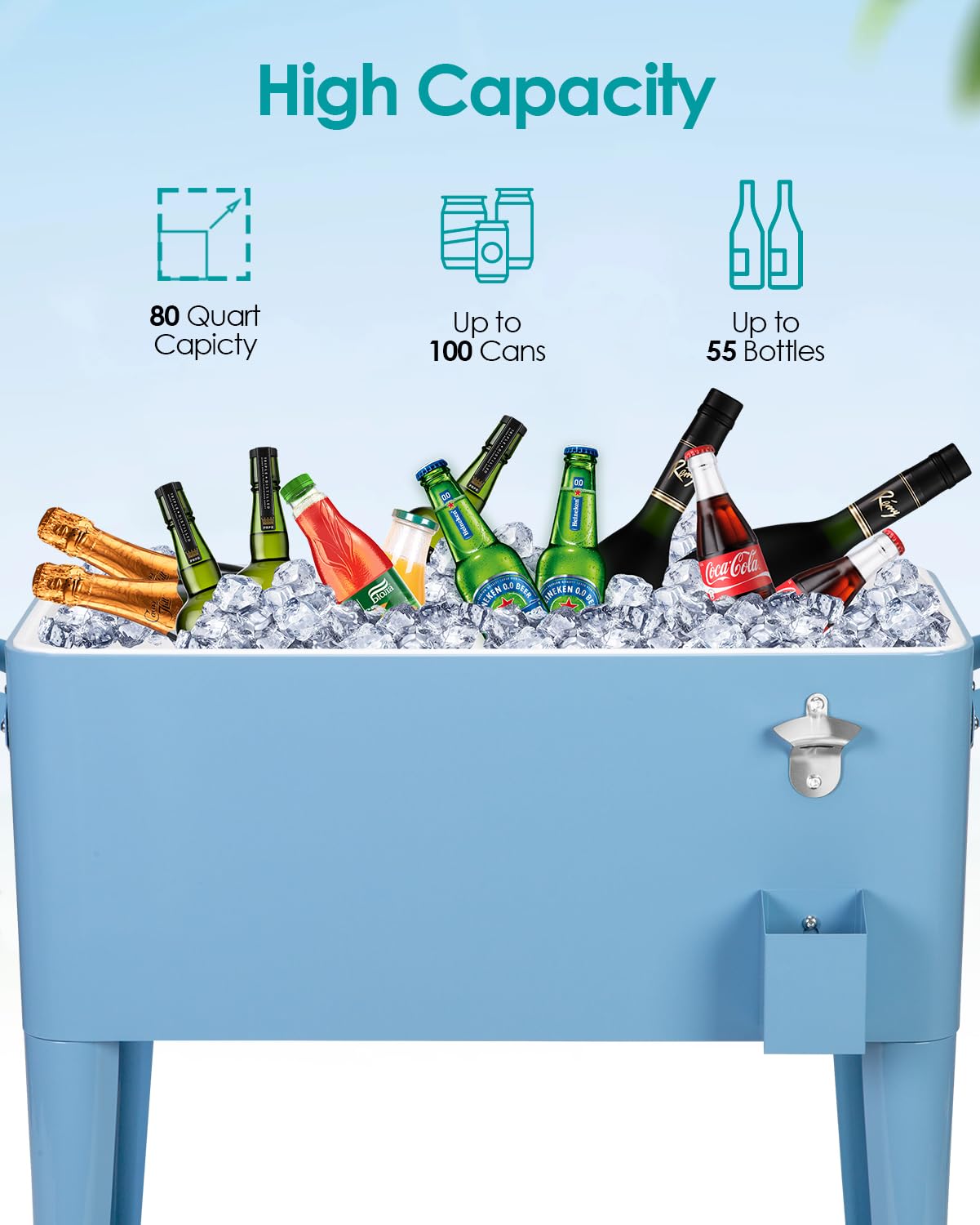 80 Quart Rolling Patio Cooler Cart with Wheels - Portable Beverage Ice Chest, Built-in Shelf & Bottle Opener, Stand-Up Cooler with Handles for Outdoor Parties, Beach, Camping & Tailgating (Blue)