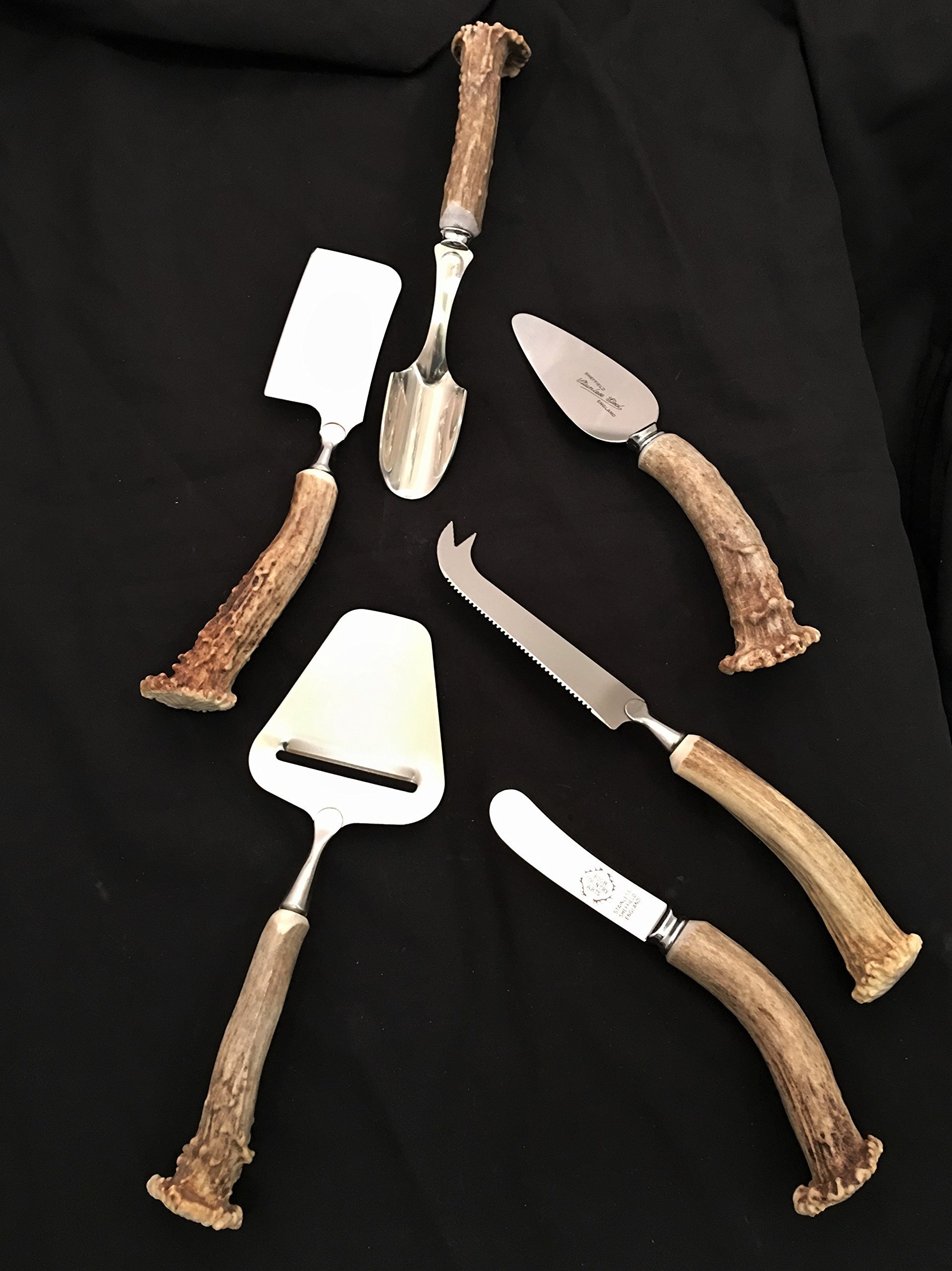6-Piece Antler Handle Cheese Knife Set - Stainless Steel Blades with Wooden Stand - Perfect for Charcuterie Boards, Wine Parties & Gourmet Cheese Platters