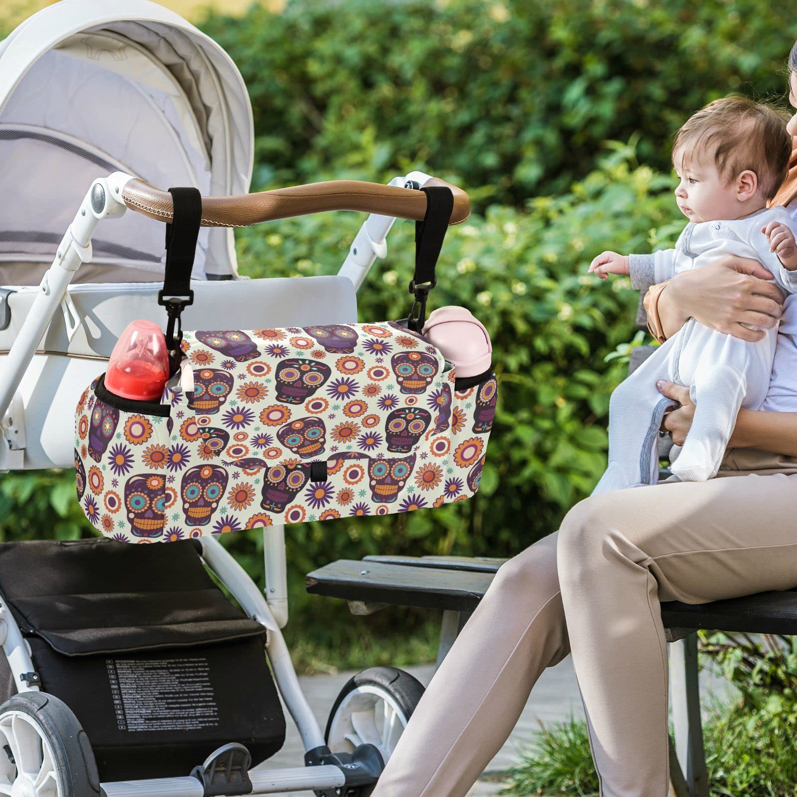 Universal Baby Stroller Organizer Bag with 2 Cup Holders & Adjustable Strap - Large Diaper Tote for Essentials - Fits All Strollers for Boys & Girls - Perfect for Travel, Shopping & Halloween Skull Theme