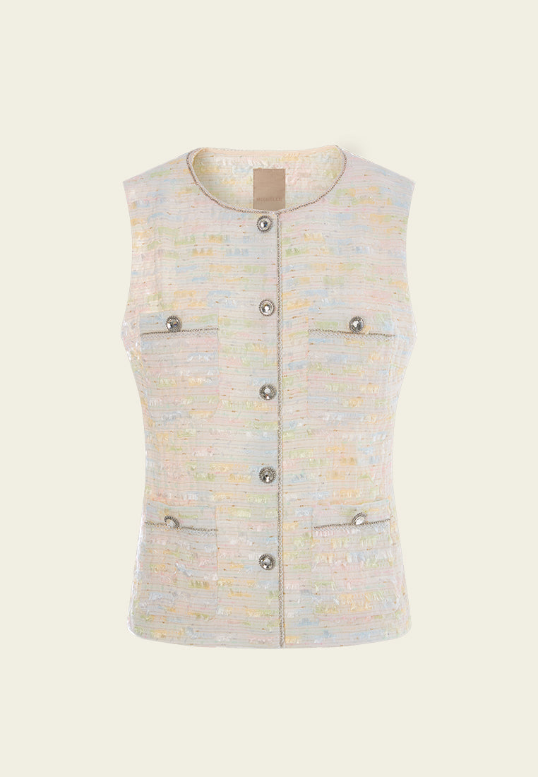 Distressed Patch Pocket Waistcoat with Crystal Trim - Vintage Style Vest for Women - Perfect for Parties, Weddings & Casual Outfits