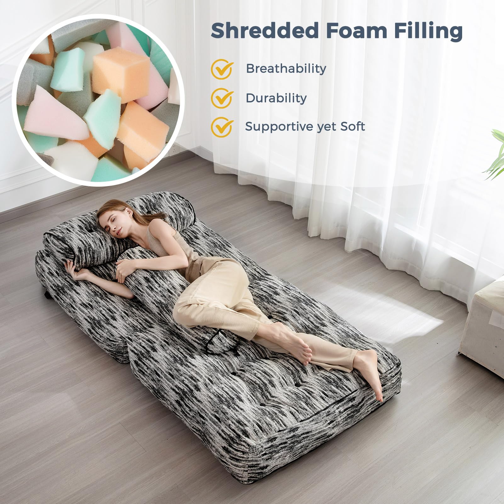 MAXYOYO Convertible Folding Sofa Bed - Sleeper Chair with Pillow, Soft Fold Out Guest Bed in Mix Black | Perfect for Small Spaces, Living Rooms & Home Offices