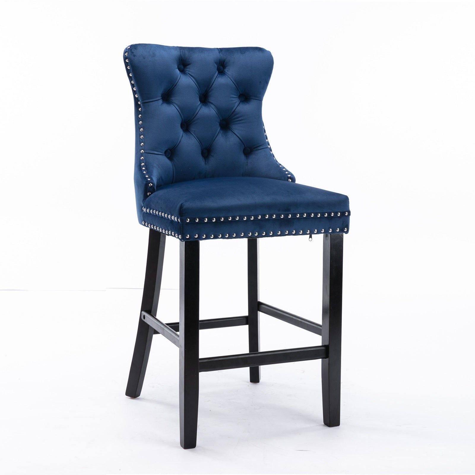 Velvet Bar Stools with Studs Trim & Wooden Legs - Set of 6 Tufted Counter Height Dining Chairs for Kitchen, Breakfast Nook, and Home Bar Decor