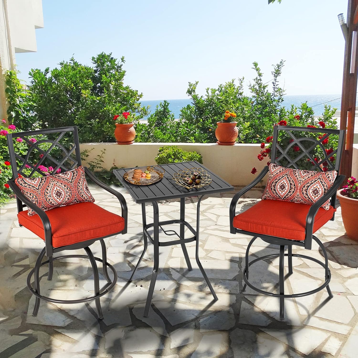 Black Metal Frame Outdoor Bar Table with Umbrella Hole - Patio Bistro Height Dining Table for Backyard, Deck & Poolside Gatherings