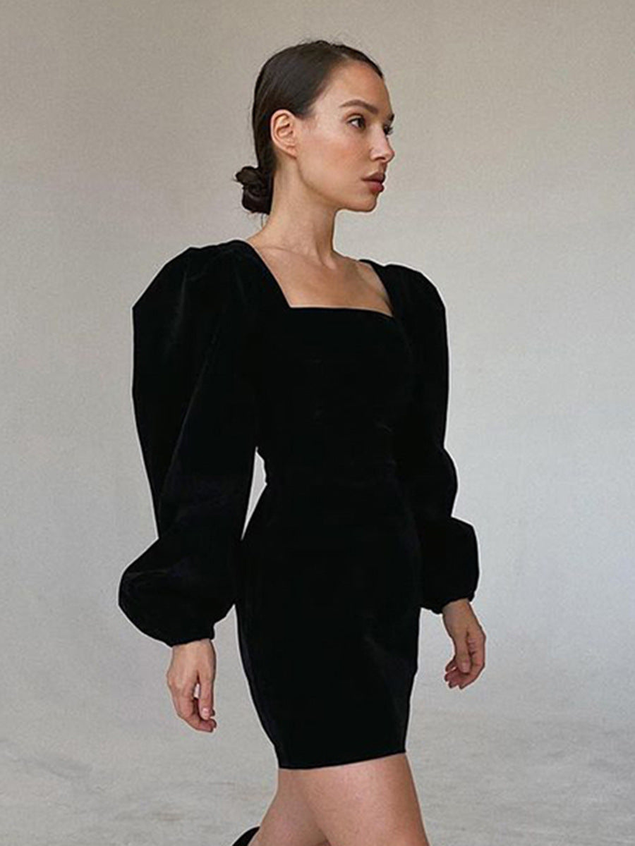 Black Velvet Short Dress with Square Neck & Puff Sleeves | Vintage 1910s Style Hip Skirt | Perfect for Cocktail Parties, Date Nights & Holiday Events
