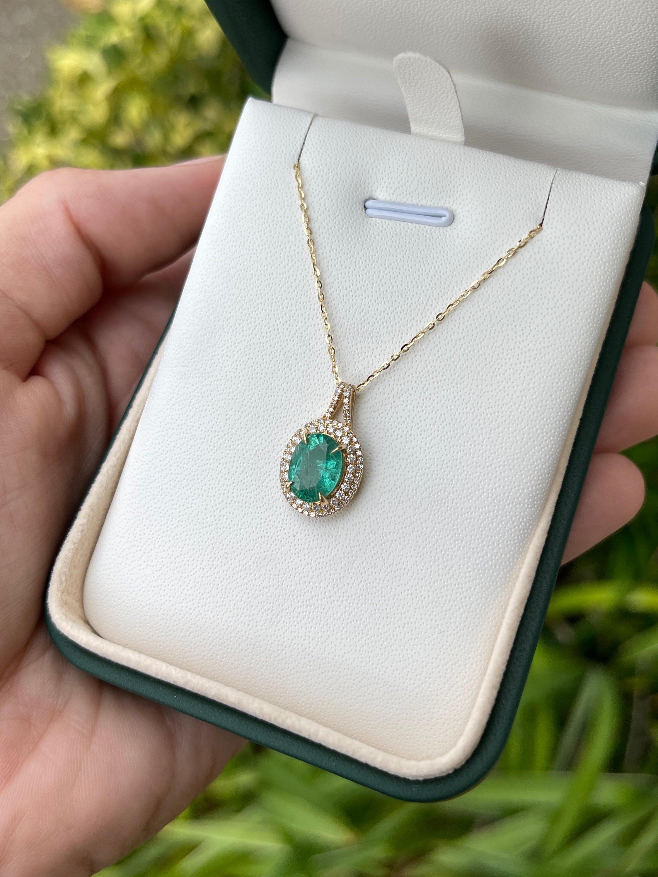 2.84tcw Natural Emerald Oval Cut & Diamond Double Halo 14K Gold Necklace | Elegant Jewelry for Weddings, Anniversaries & Special Occasions