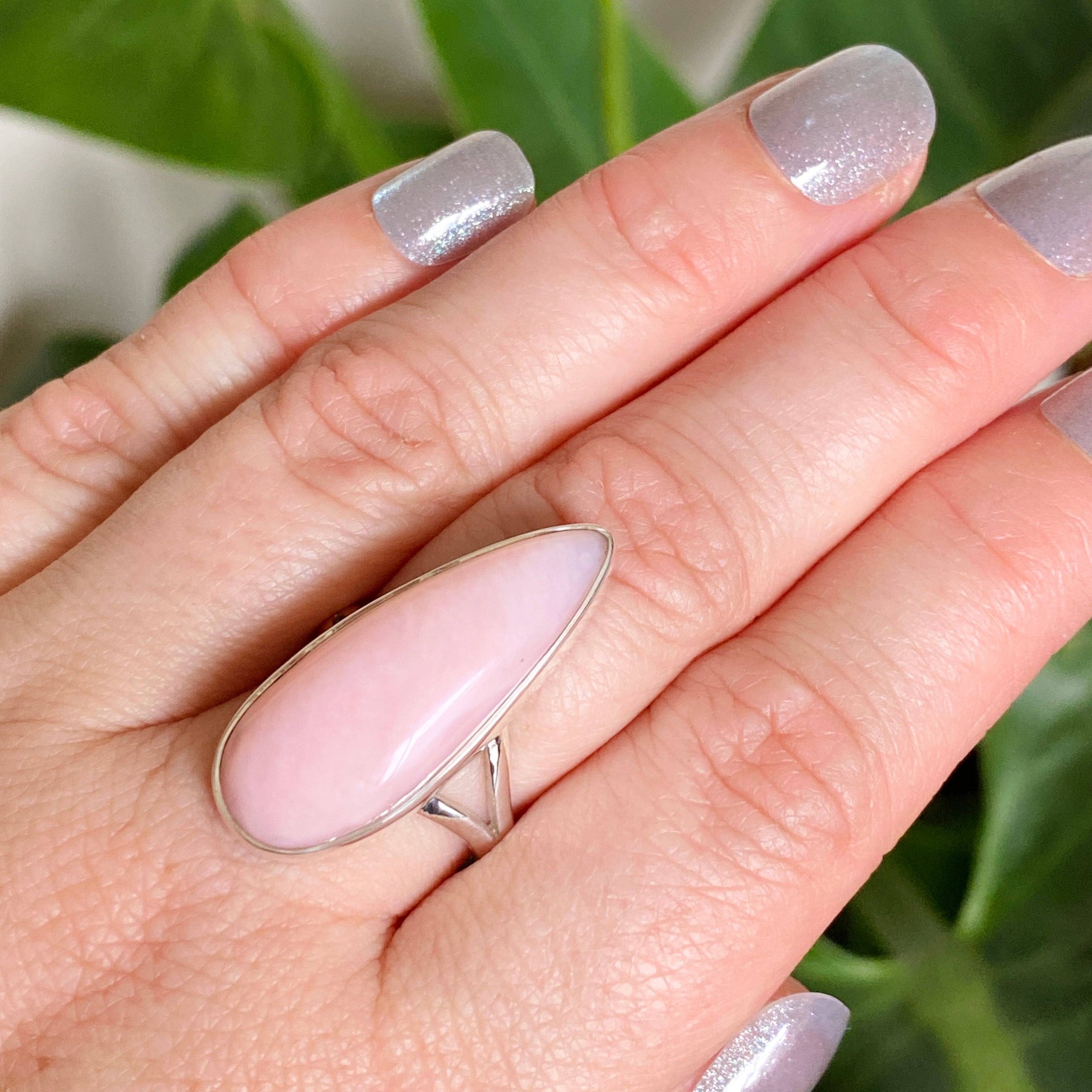 Pink Opal Teardrop Cabochon Split Band Ring - Size 8 KRGJ3308 - Elegant Boho Jewelry for Women, Perfect for Weddings, Parties & Everyday Wear