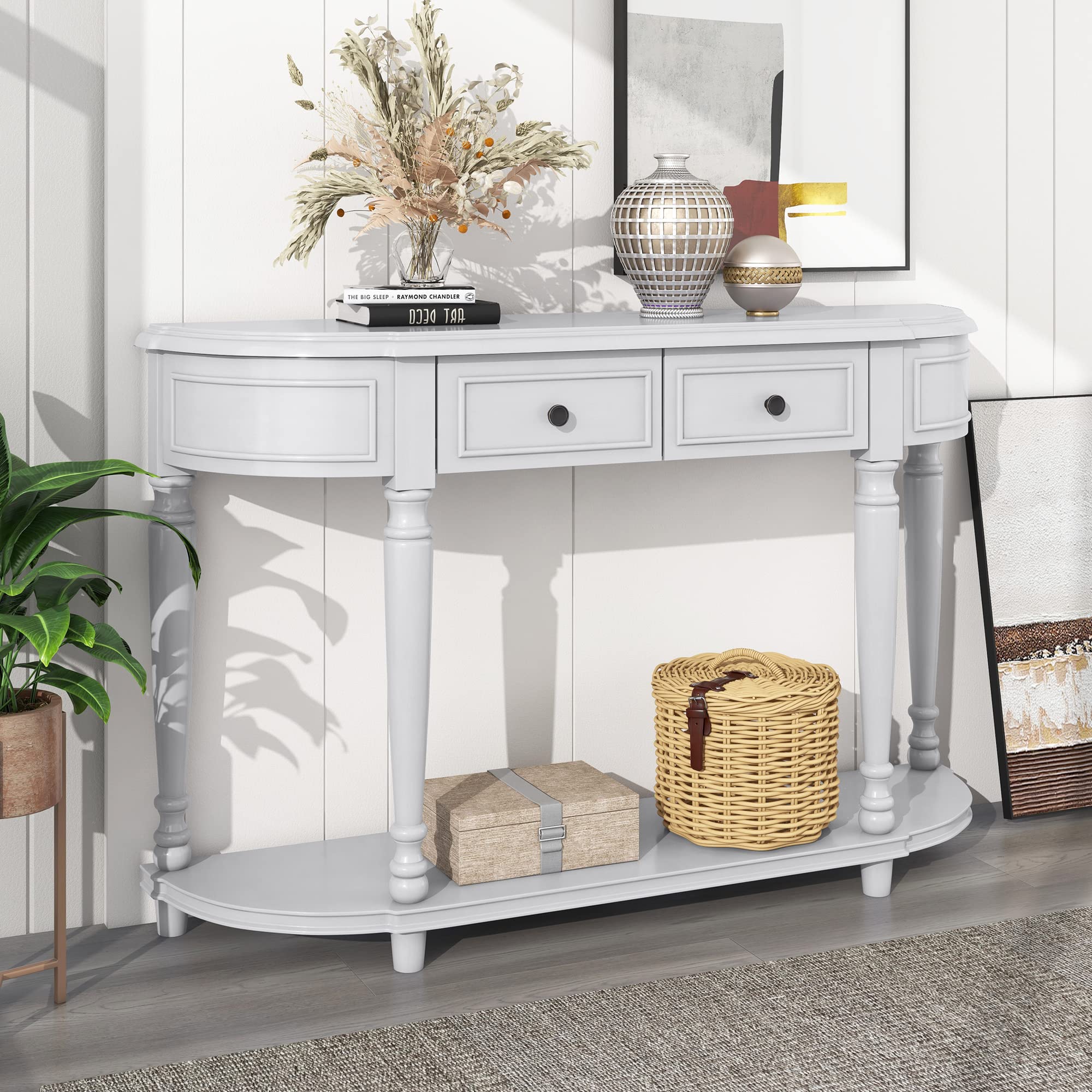 Vintage Round Curved Console Table with 2 Drawers & Bottom Shelf - Retro Sofa Table for Entryway, Hallway & Living Room - Antique Style Storage Sideboard for Home Decor
