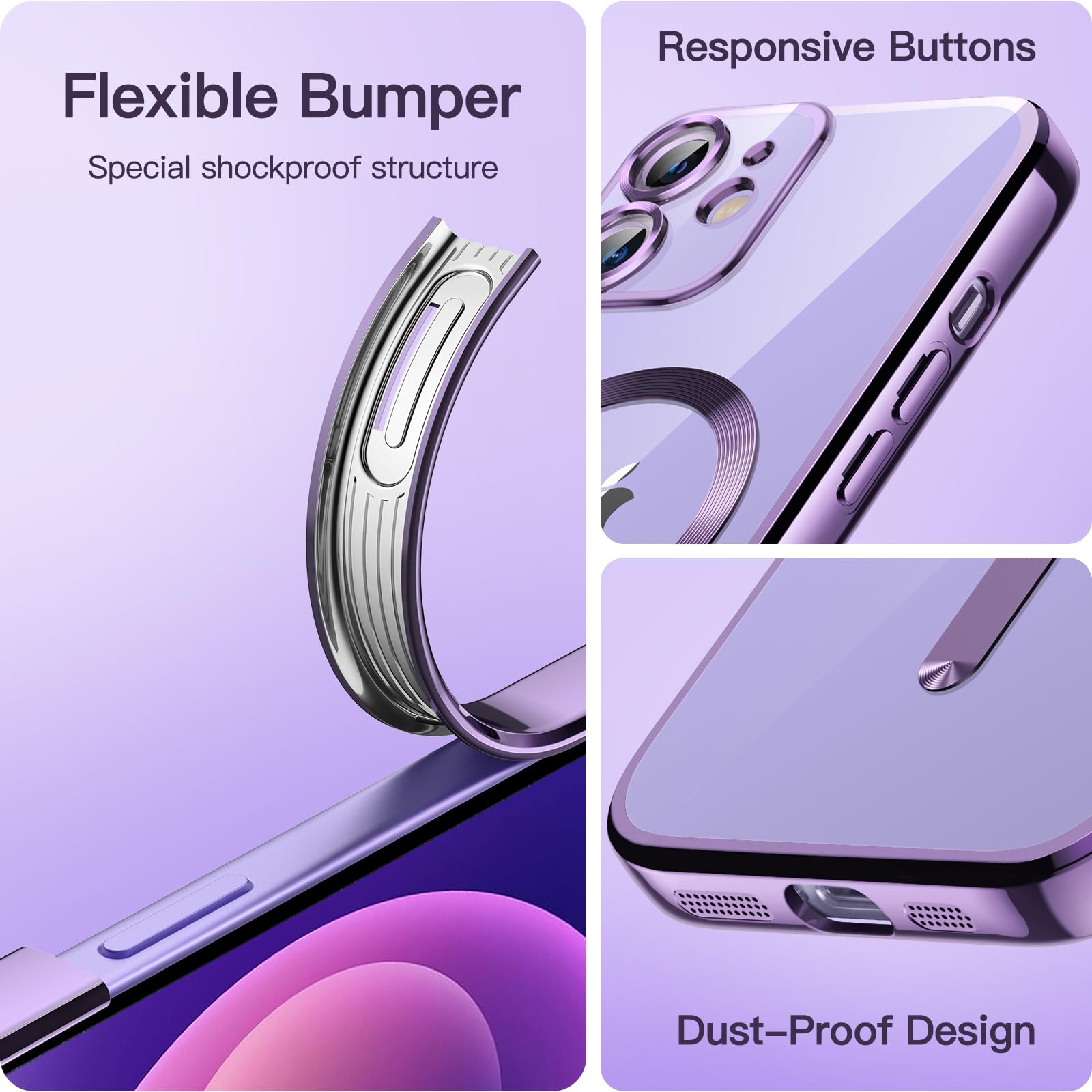 JETech Soft Clear Case for iPhone 12 6.1-Inch - Shockproof TPU Phone Cover with Full Camera Protection & MagSafe Wireless Charging Compatibility (Light Purple) - Perfect for Everyday Use, Travel & Work Protection