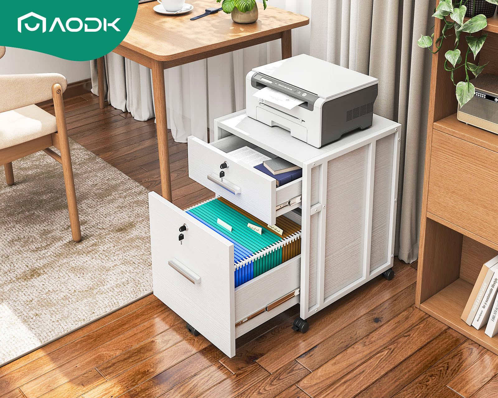 AODK 2-Drawer File Cabinet for Home Office - Fully Assembled Locking Filing Cabinet with Wheels, White - Organize A4/Letter Documents in Style | Perfect for Small Spaces & Office Storage Solutions