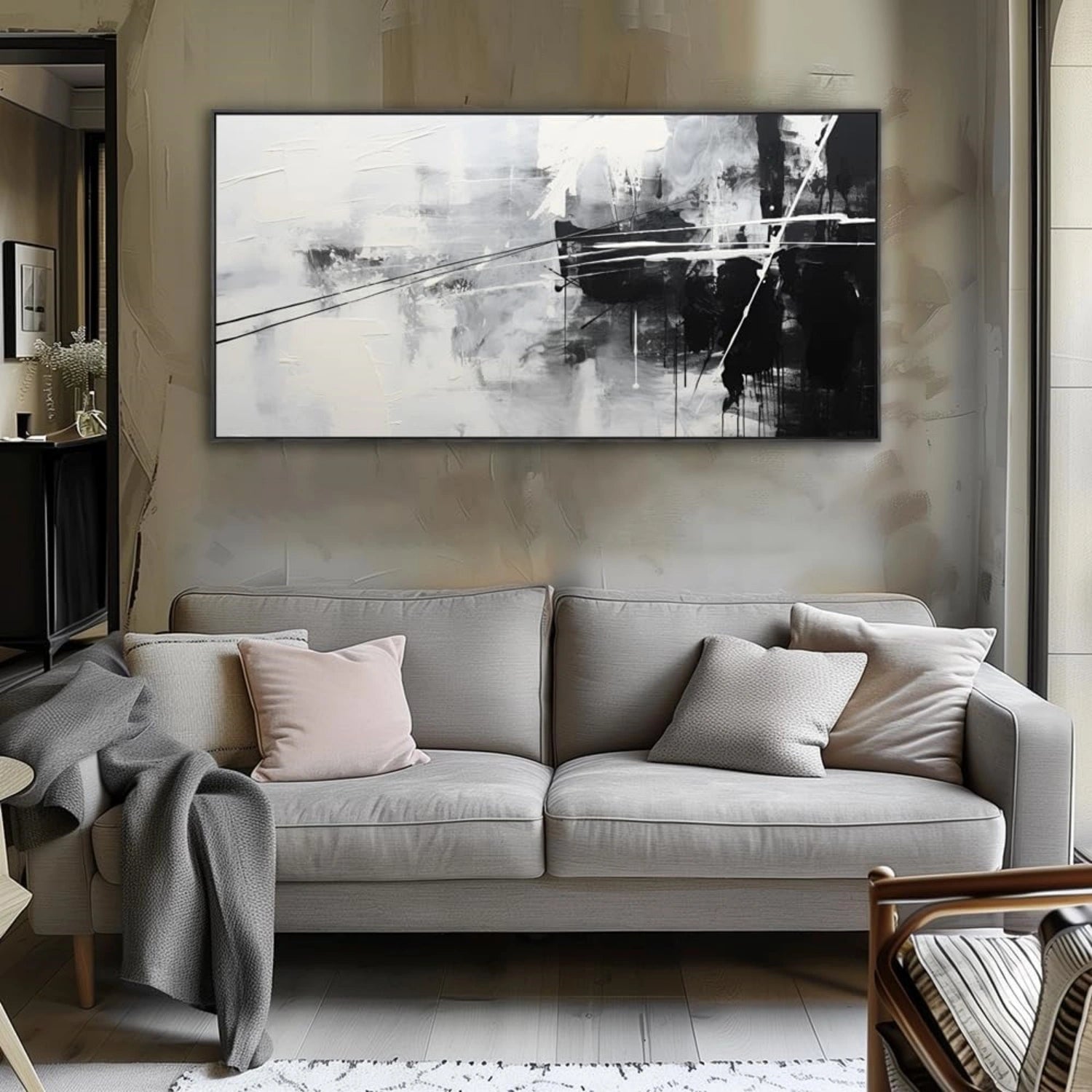 Modern Black and White Abstract Textured Wall Art Canvas Print #MZ141 - Perfect for Living Room, Bedroom, or Office Decor