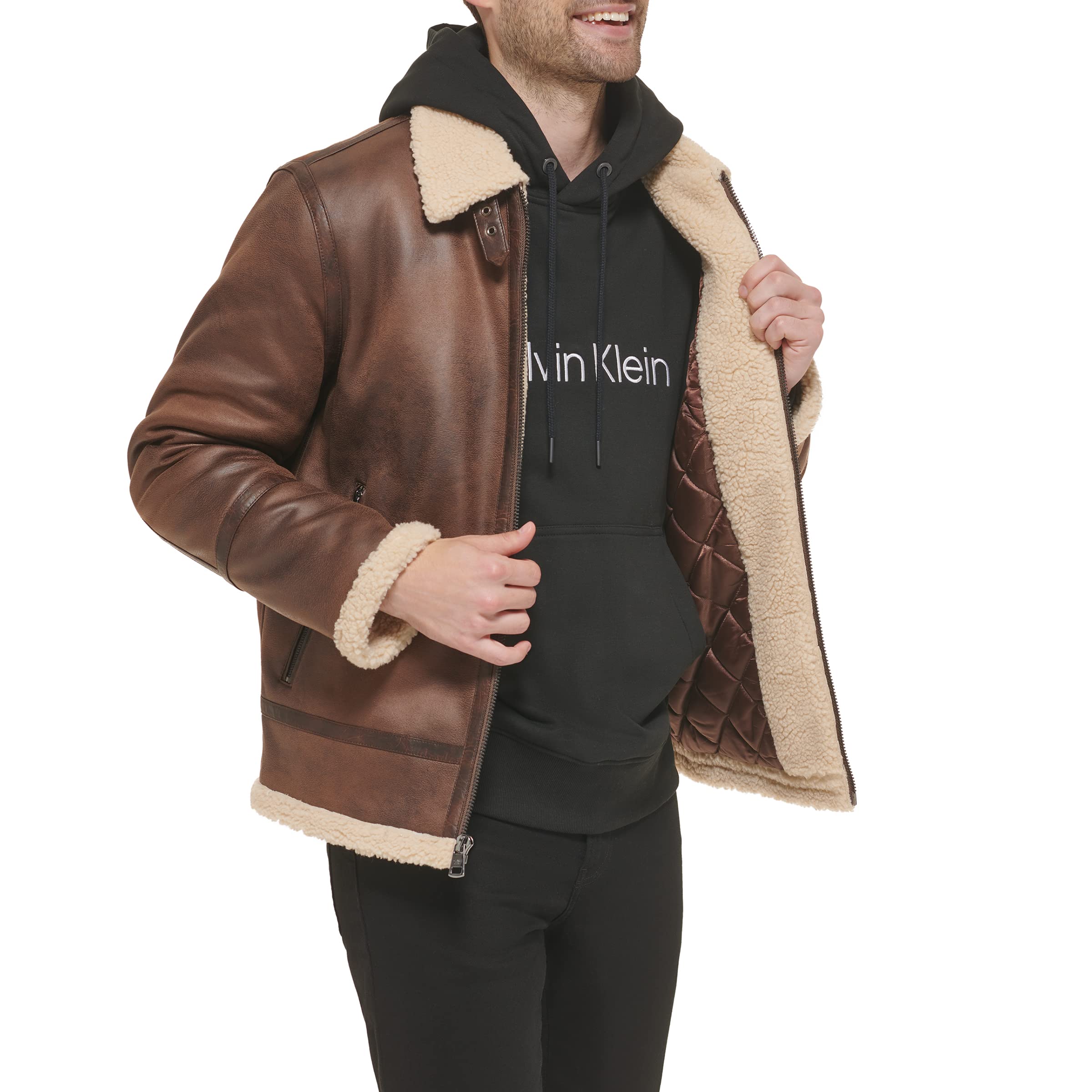 Calvin Klein Men's Faux Leather Bomber Jacket with Warm Shearling Lining - Stylish Winter Outerwear for Casual & Night Out