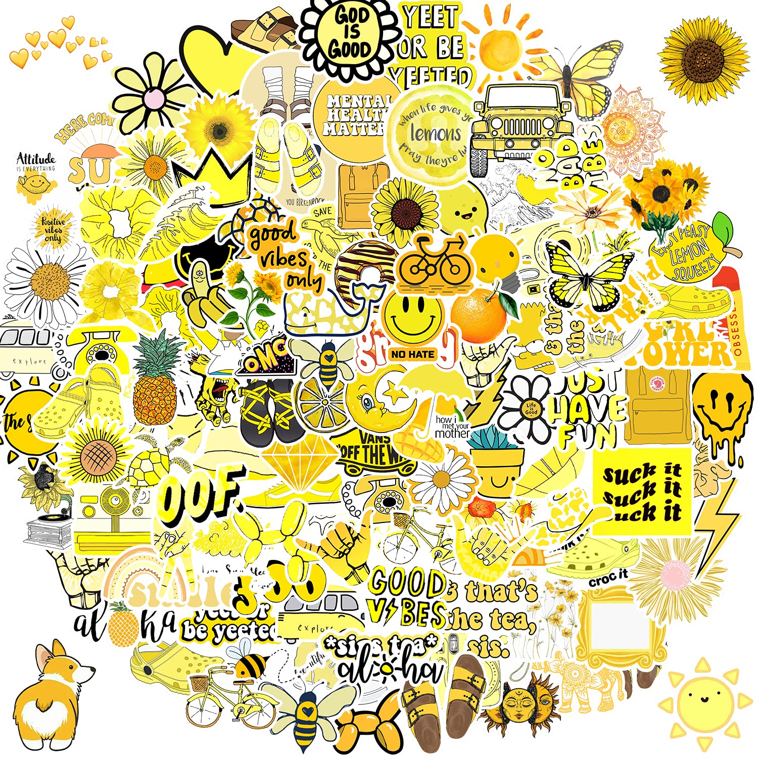 150 Pack Yellow Funny Cute Vinyl Stickers for Teens Girls Adults - Waterproof Aesthetic Decals for Water Bottles, Laptops, Phones, Hydro Flasks - Perfect for School, Office, Travel & Personalizing Your Belongings
