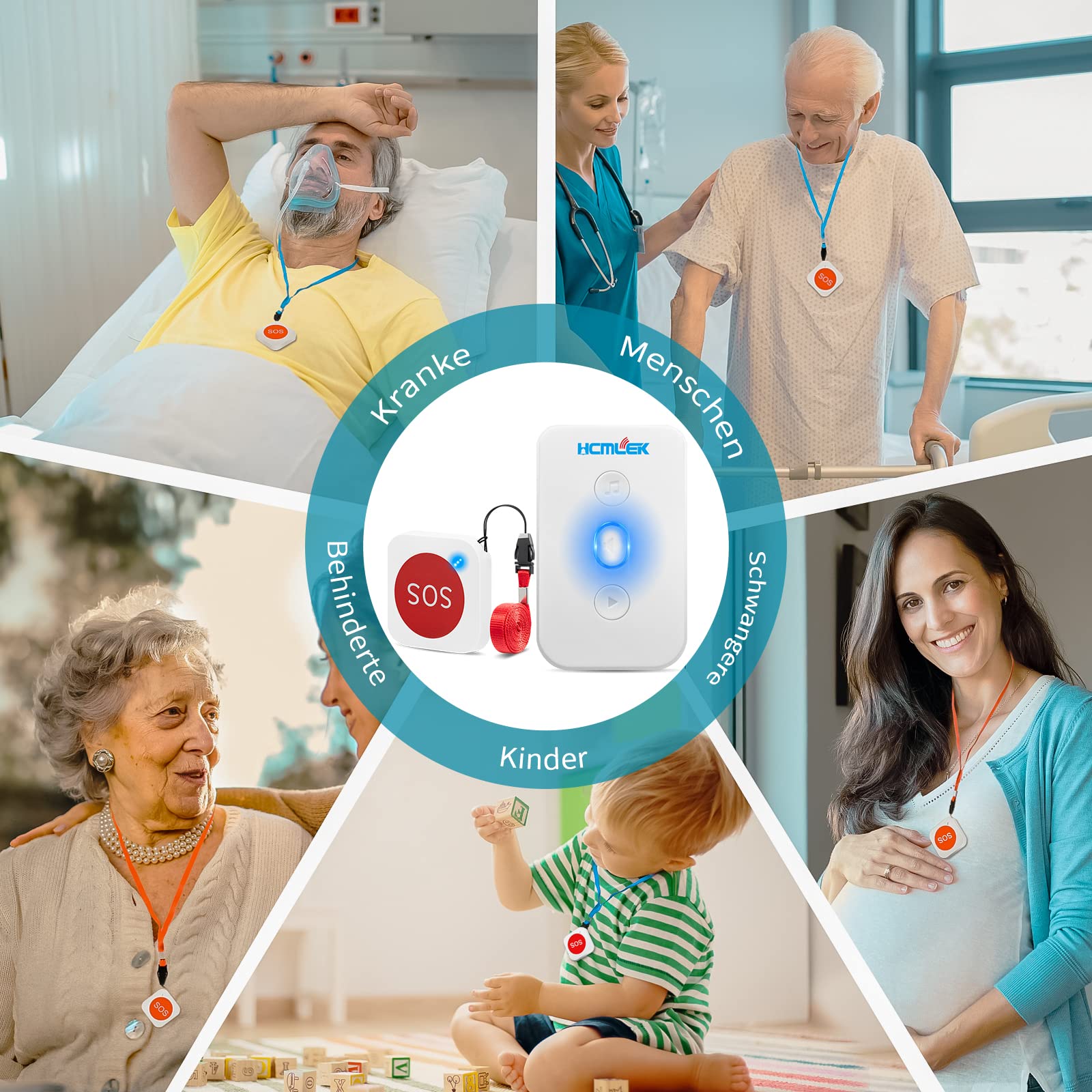 Hcmlek Emergency Call Button for Seniors - Wireless Personal Alarm with Loud Speaker, Fall Detection & Waterproof Design | Home Safety Alert System for Elderly, Disabled & Patients | Perfect for Bedside, Bathroom & Nursing Care