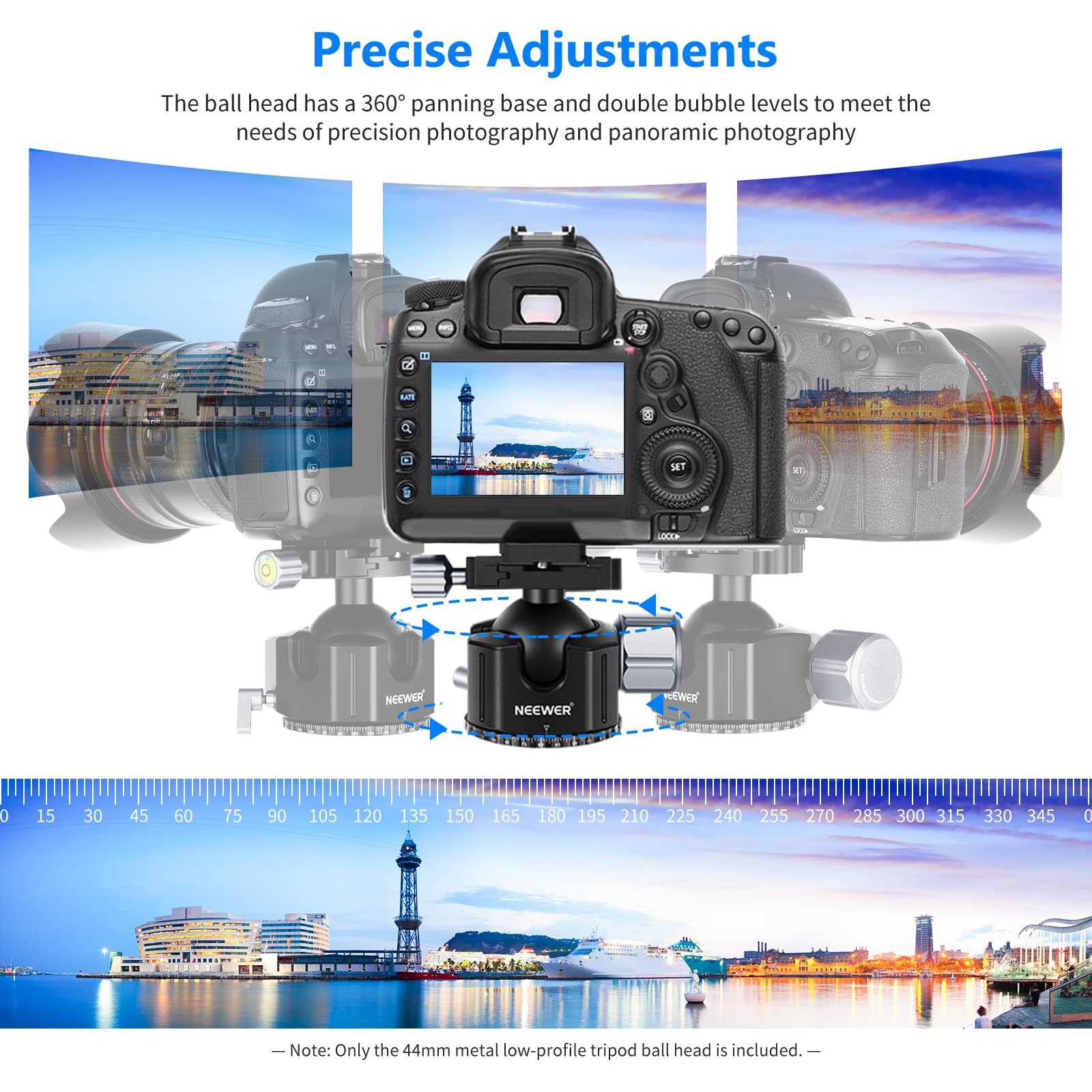 Neewer 44mm All Metal Low Profile DSLR Tripod Ball Head with Quick Release Plate - Heavy Duty 55lb Load for DSLR Cameras, Camcorders, Monopods - Perfect for Travel Photography, Vlogging & Studio Shoots