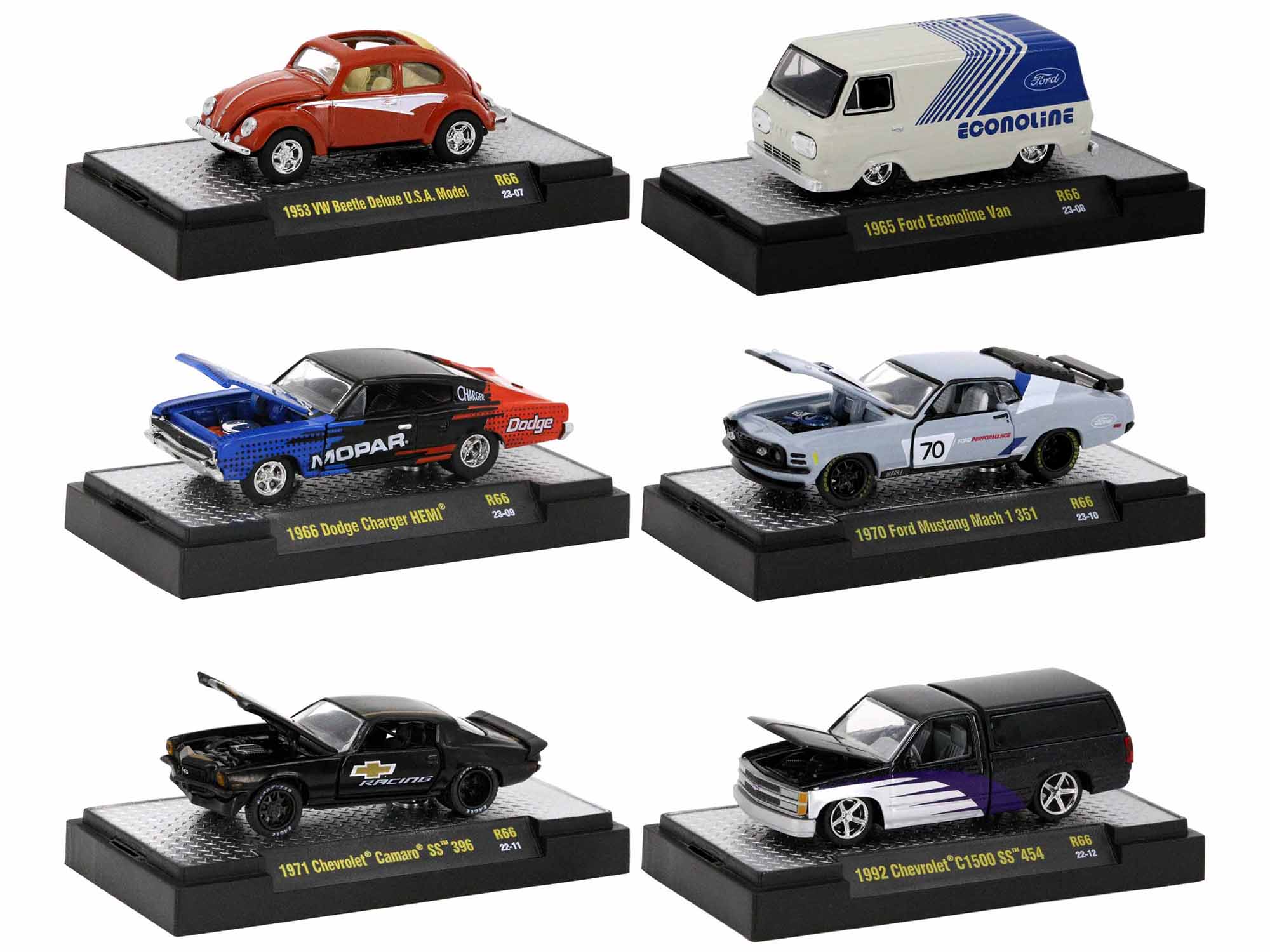 M2 Machines Detroit Muscle 1/64 Scale Diecast Model Cars - Limited Edition Set of 6 Collectible Vehicles in Display Cases (Release 66) - Perfect for Car Enthusiasts, Display Shelves & Gift Giving