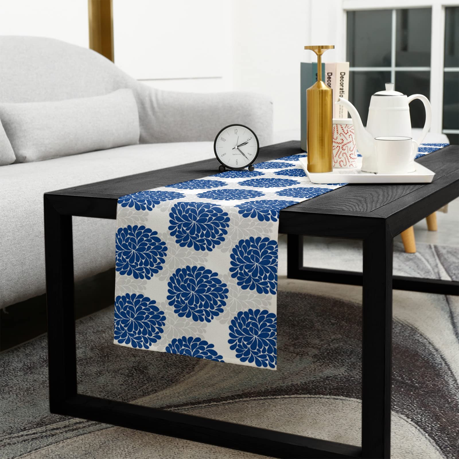 Blue Floral Burlap Table Runner 36 Inch - Farmhouse Linen Table Scarf for Kitchen, Dining, Coffee Table, Wedding & Banquet Decor - Hydrangea Pattern Gray Home Decoration