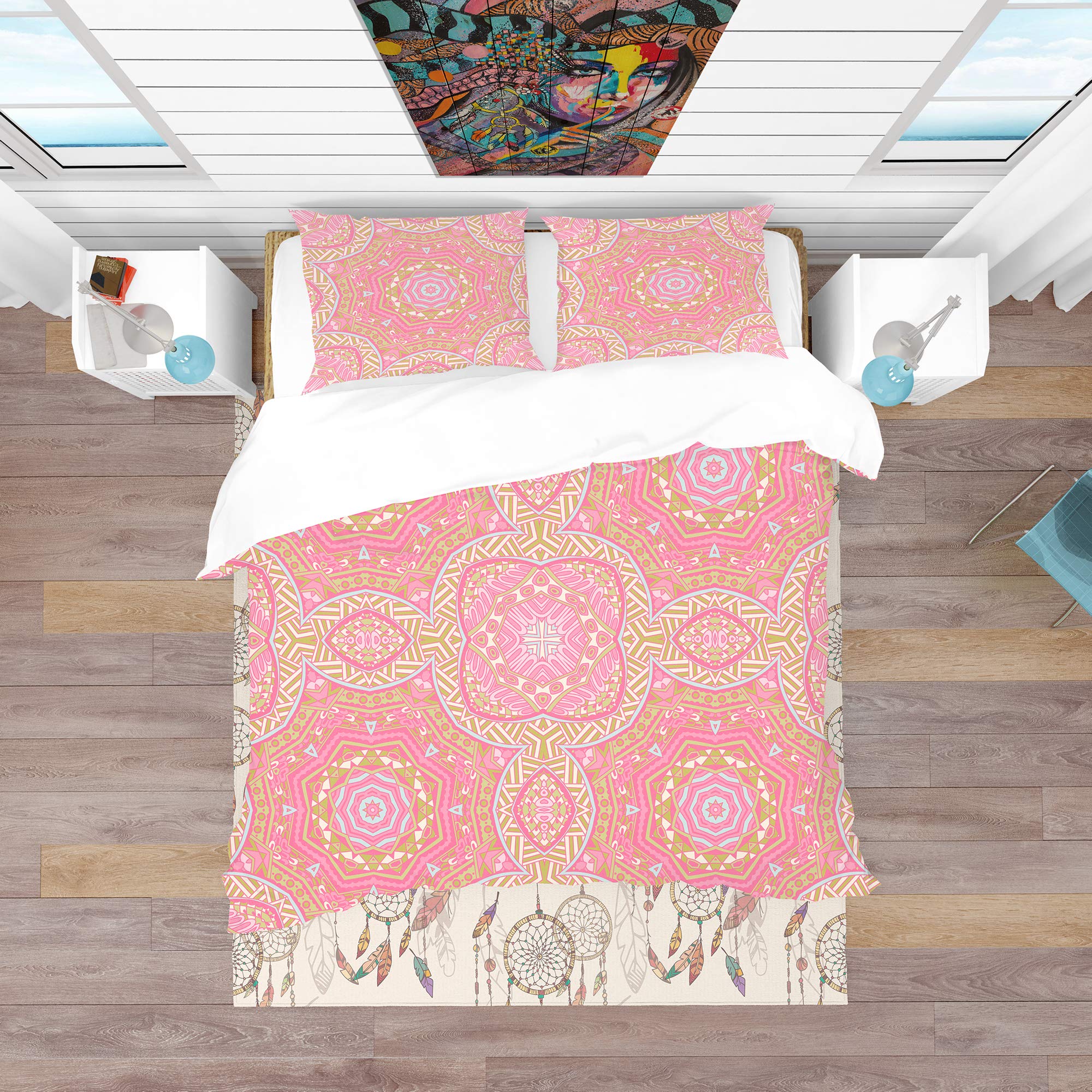DesignQ 'Pink and Green Star Mandala' Bohemian & Eclectic Duvet Cover Set - Vibrant Printed Bedding for Boho Chic Bedroom Decor