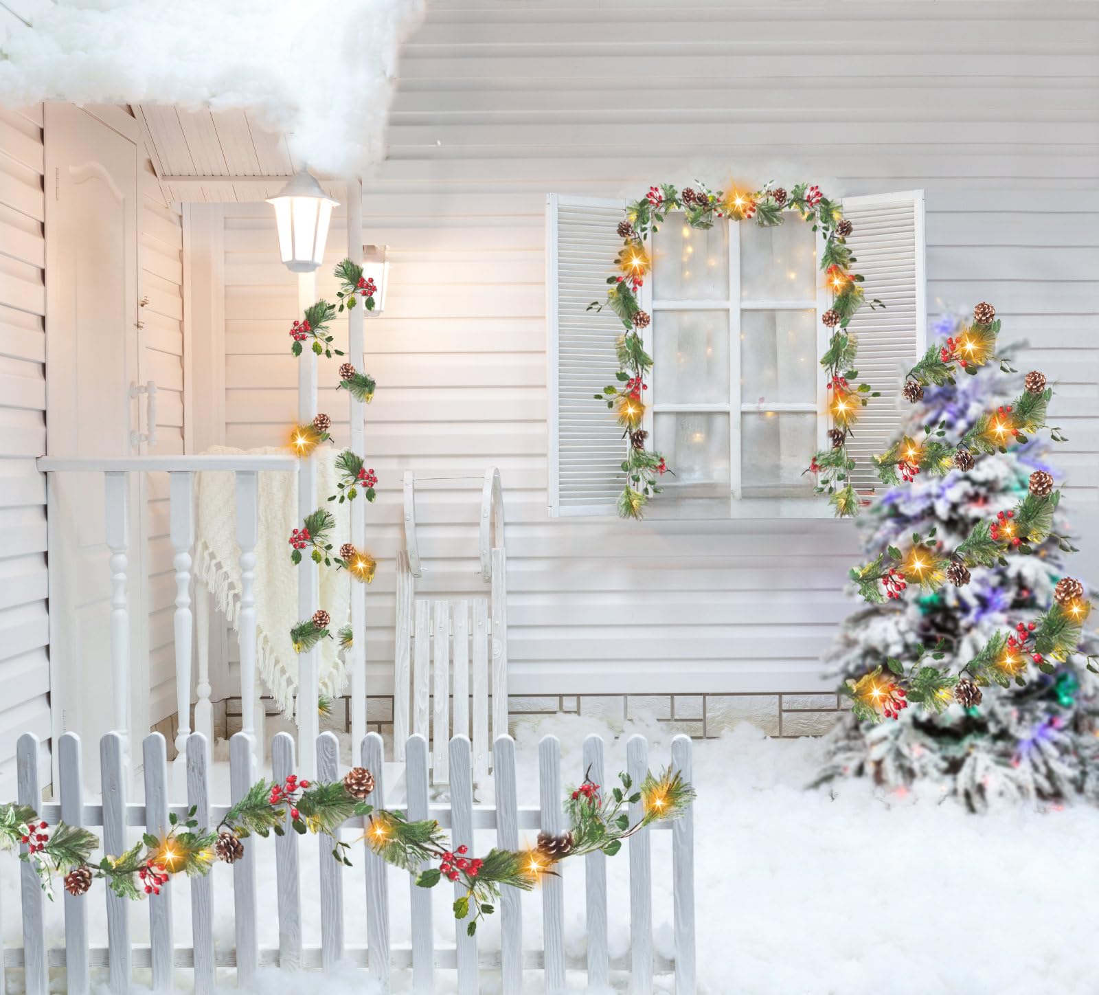 6FT Smokey Pine Prelit Christmas Garland with Timer - Battery Operated LED Holly Garland for Stairs, Railing, Mantle & Fireplace Decor - Perfect for Holiday Parties, Home & Office Christmas Decorations