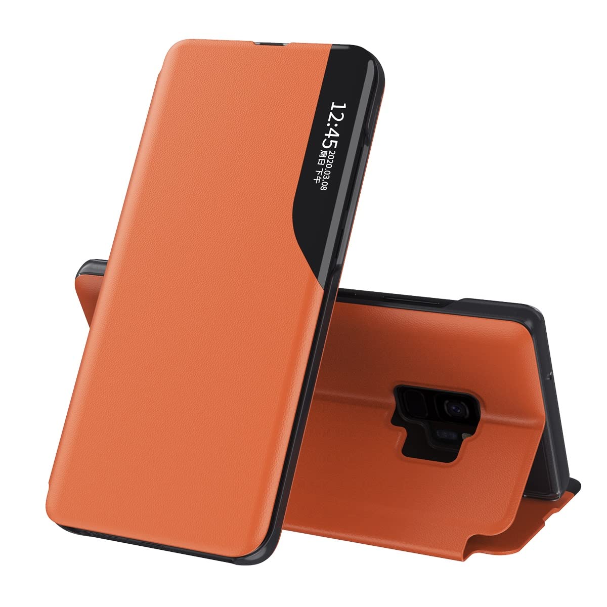 Premium PU Leather Flip Case for Samsung Galaxy S9 Plus - Shockproof Protective Cover with Side Display, Stand Function & Auto Sleep/Wake (Orange) - Perfect for Work, Travel, and Daily Protection