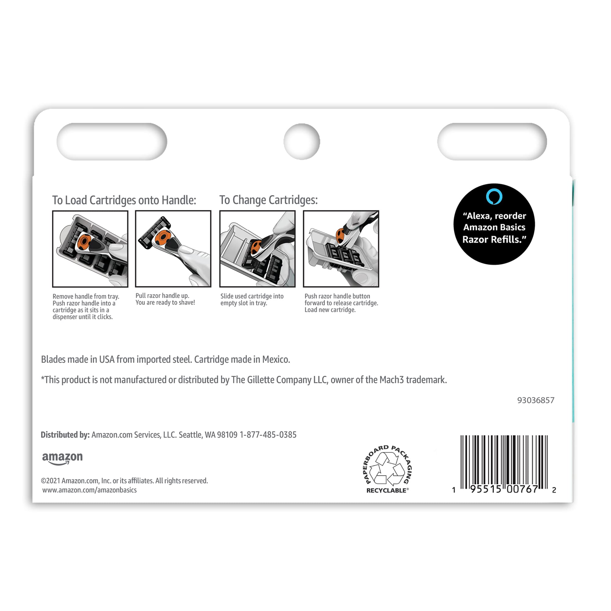 Amazon Basics 3-Blade Razor Refills for Men - 12 Cartridges with Dual Lubrication | Compatible with Amazon Basics Razor Handles | Smooth Shaving for Face, Body & Head | Premium Shaving Essentials for Daily Grooming Routine