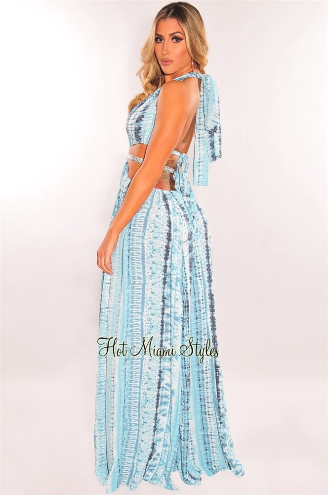 Trendy Teal Tie-Dye O-Ring Cutout Silver Belted Double Slit Maxi Dress for Women | Boho Chic Summer Beach Party & Evening Outfit