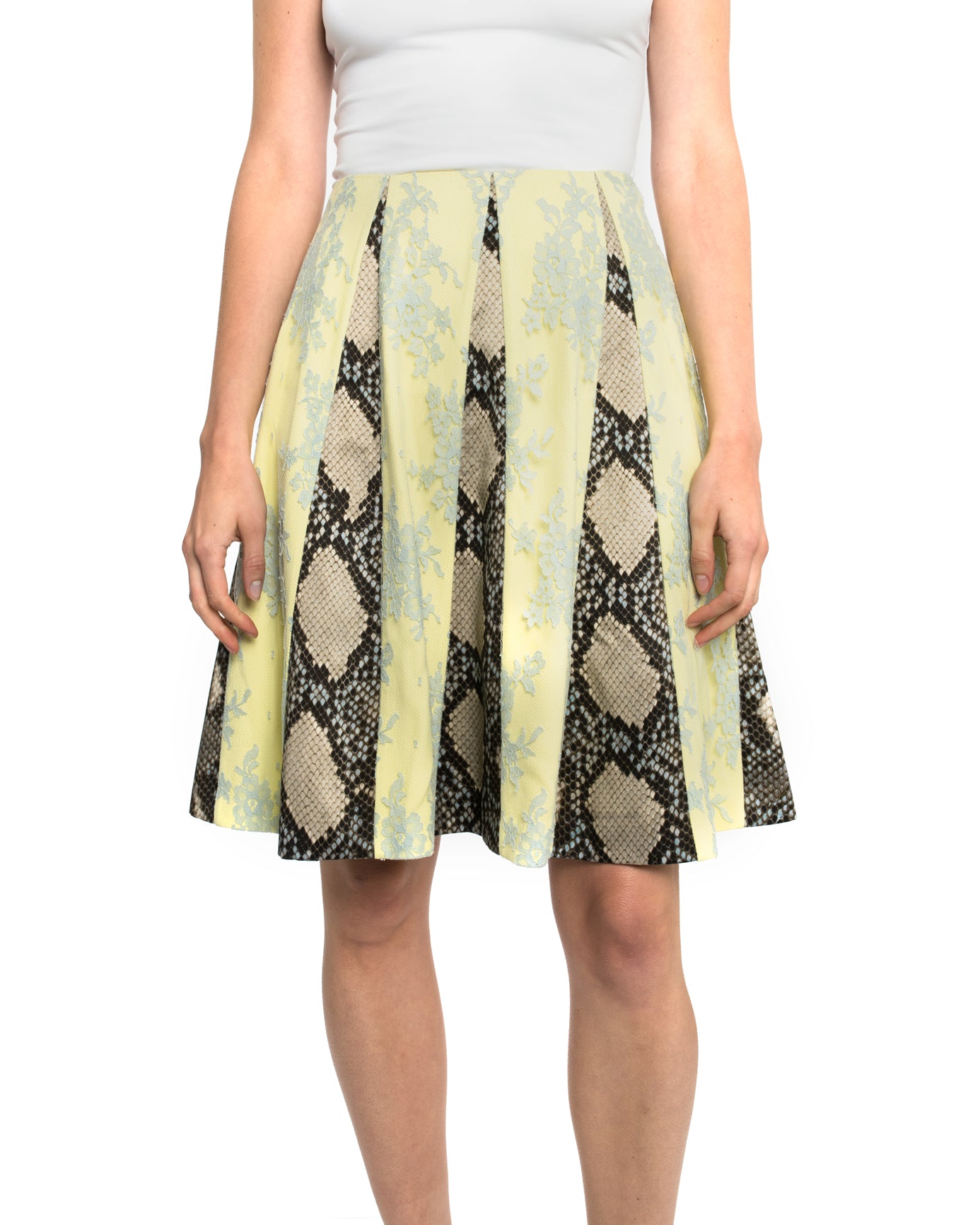 Erdem Spring 2013 Runway Yellow and Blue Lace Python Print Paneled Skirt - Women's Fashion High Waist A-Line Skirt for Party, Wedding & Special Occasions