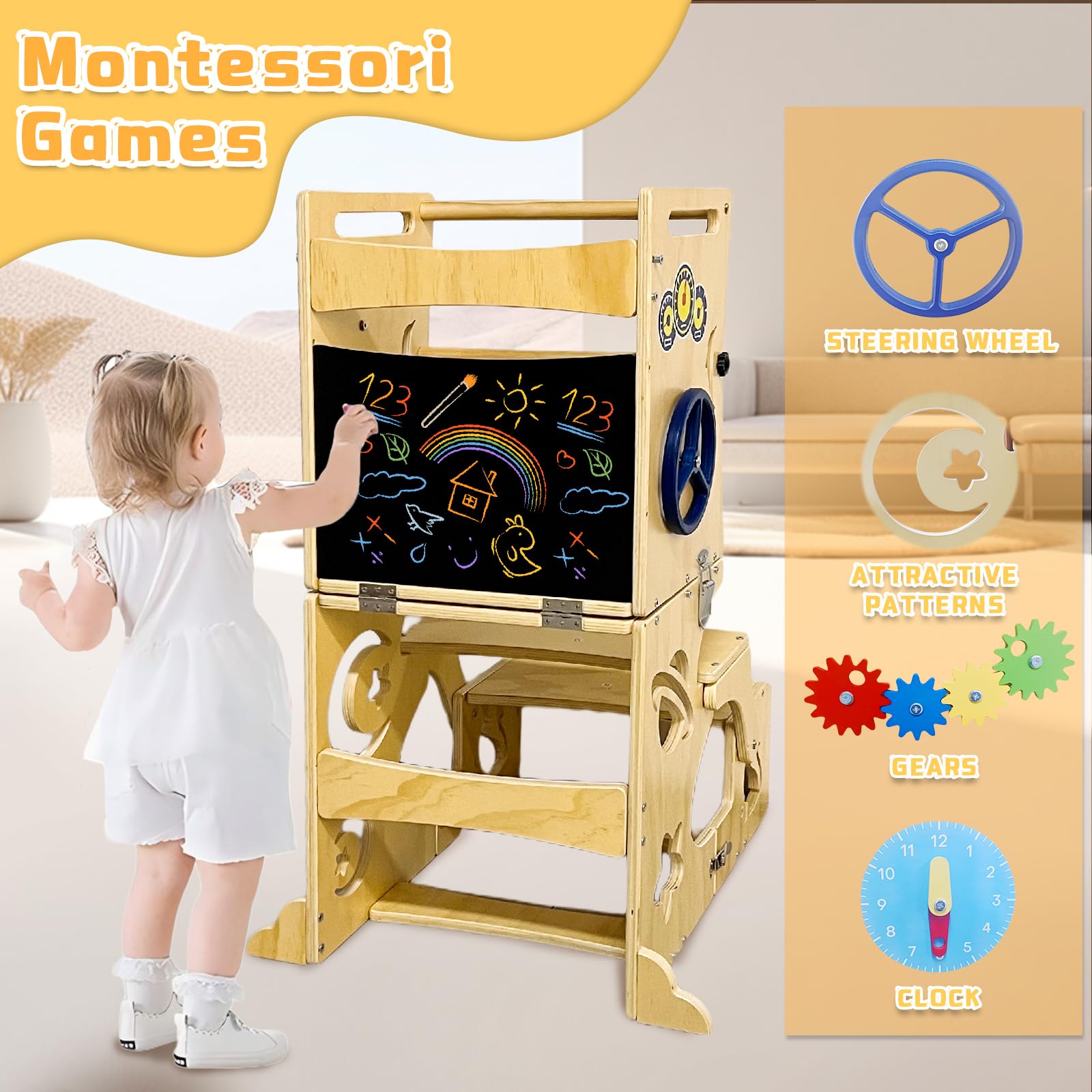 Montessori Toddler Step Stool with Blackboard & Removable Bars - Wooden Learning Tower for Kids - Safe Standing Helper for Kitchen Counter, Bathroom & Playroom - Montessori Toys Included for Early Childhood Development