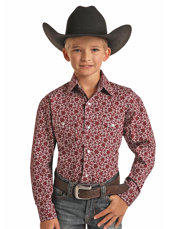 Panhandle C0S1614 Kids Long Sleeve Western Snap Shirt - Maroon Plaid Print Shirt for Boys & Girls - Perfect for Rodeo, Cowboy Parties & Western-Themed Events