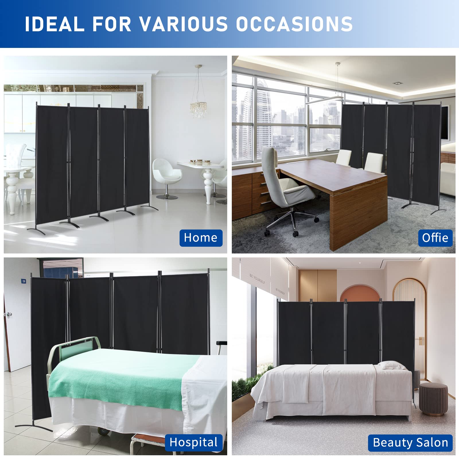 4 Panel Folding Room Divider Privacy Screen - 5.6 FT Freestanding Partition for Office, Bedroom & Study - Portable Space Separator for Home & Office Use - Black