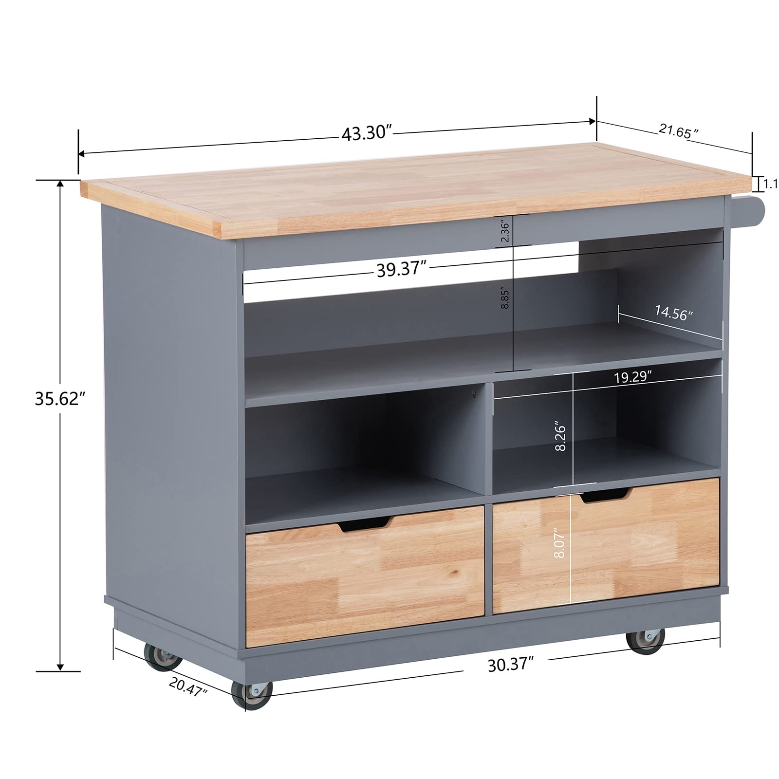 3-Tier Rolling Kitchen Island Cart with Solid Wood Top, 2 Drawers & Towel Rack - Multifunctional Mobile Kitchen Storage Cabinet for Small Spaces - Easy Assembly (Grey Blue) - Perfect for Apartments, Dorms & Compact Kitchens