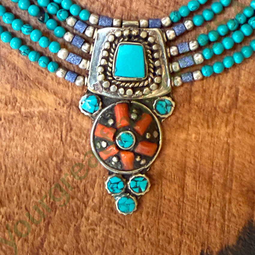 Handmade Tibetan Alpaca Silver Necklace with Turquoise & Coral Beads – Elegant Boho Jewelry for Women, Perfect for Festivals, Weddings & Special Occasions