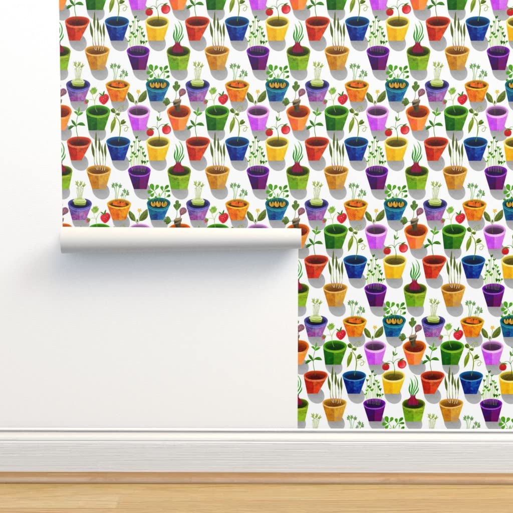 Premium Commercial Grade Wallpaper Roll 27ft x 2ft - Whimsical Potted Plants & Garden Vegetables Pattern - Peel & Stick Removable Wallpaper for Kitchen, Nursery, Cafe Decor by Spoonflower